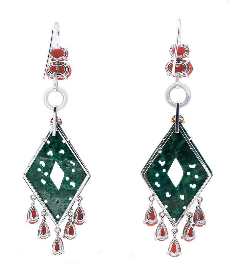 Retro Corals, Green Stones, White Stones, Diamonds, 14 Kt White and Rose Gold Earrings For Sale