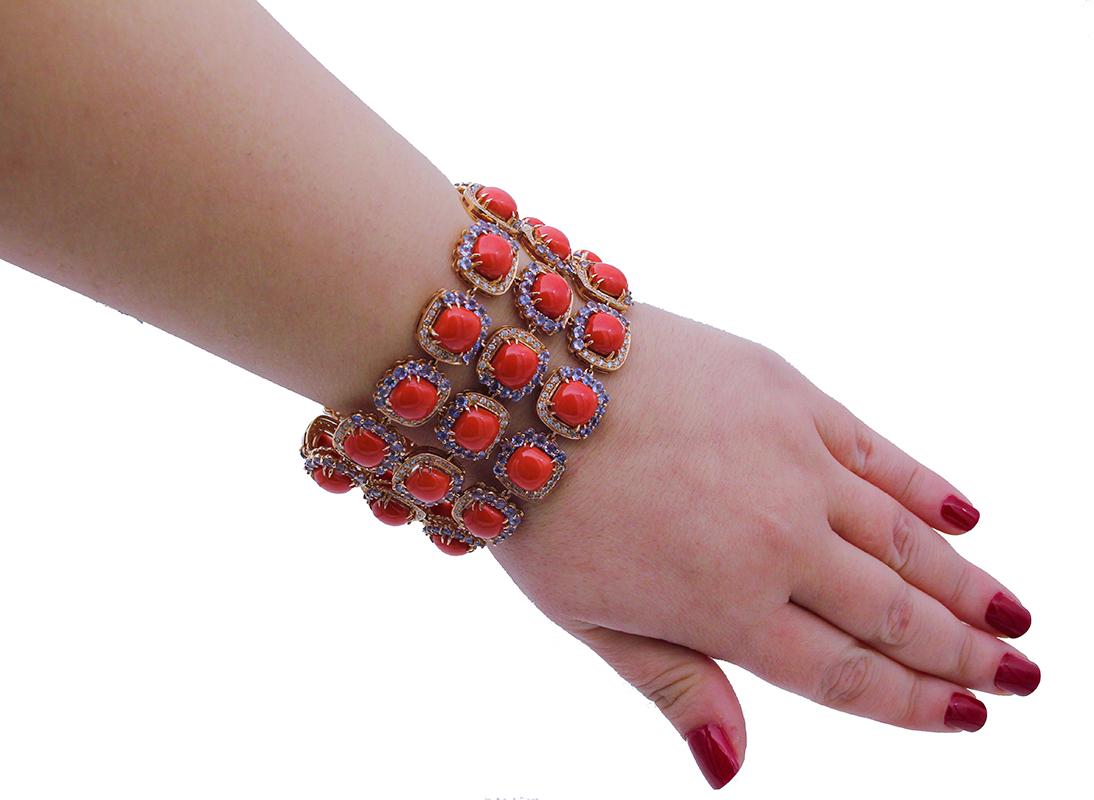 Retro Coral, Tanzanite, Diamonds, 14 Karat Rose Gold Bracelet For Sale