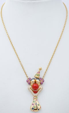 Coral, Tsavorite, Rubies, Sapphires, 18 Karat Yellow Gold Clown Pendant Necklace