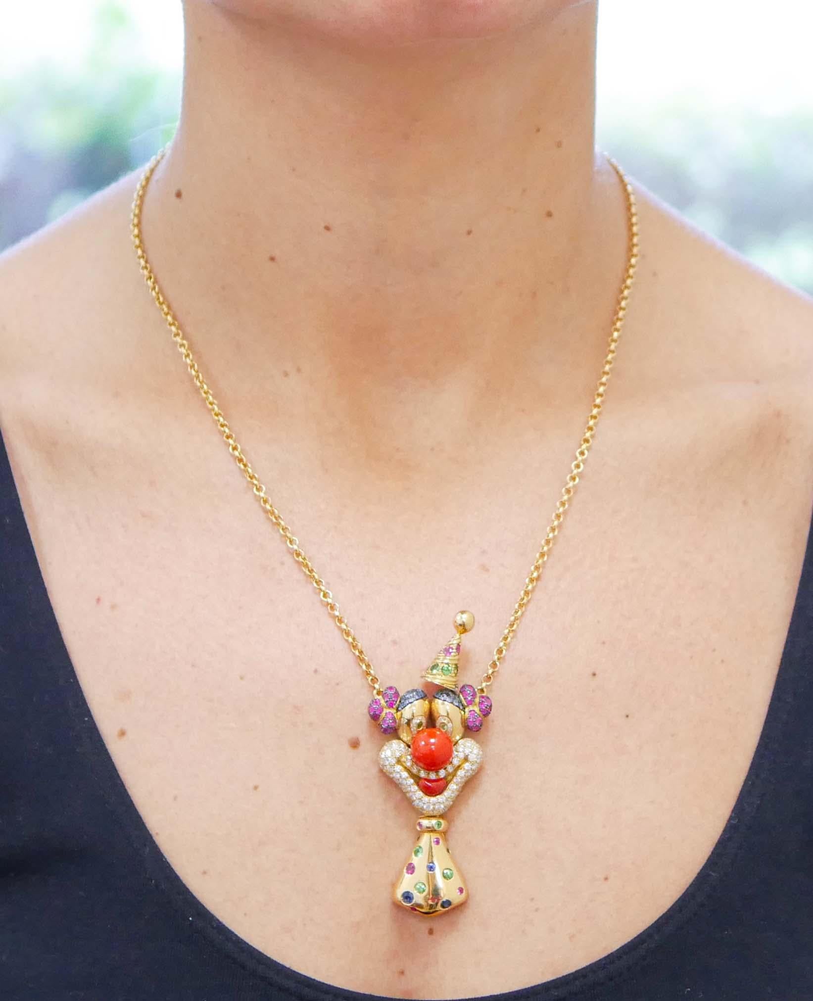 Retro Coral, Tsavorite, Rubies, Sapphires, 18 Karat Yellow Gold Clown Pendant Necklace For Sale