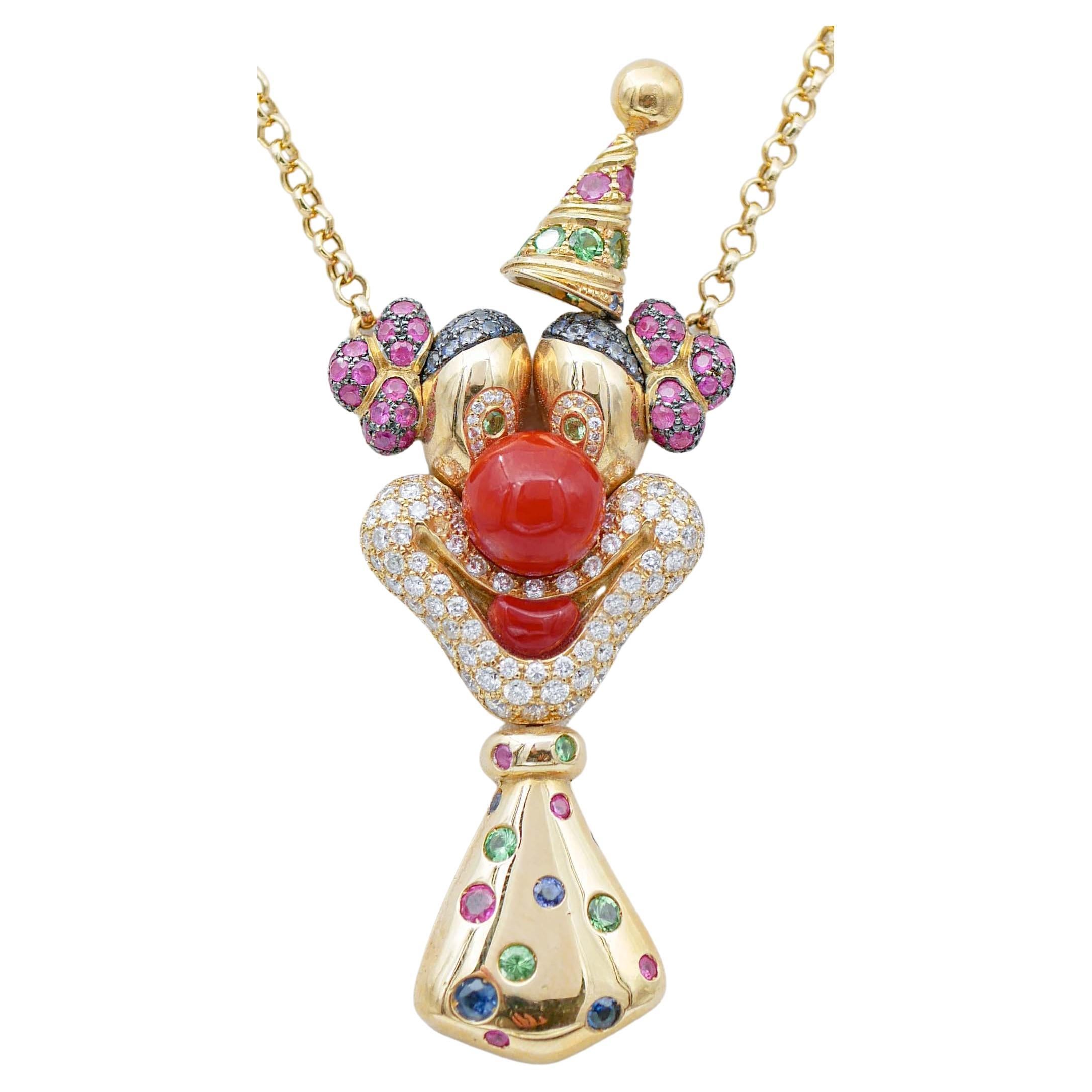 Coral, Tsavorite, Rubies, Sapphires, 18 Karat Yellow Gold Clown Pendant Necklace For Sale