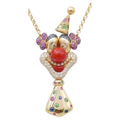 Coral, Tsavorite, Rubies, Sapphires, 18 Karat Yellow Gold Clown Pendant Necklace