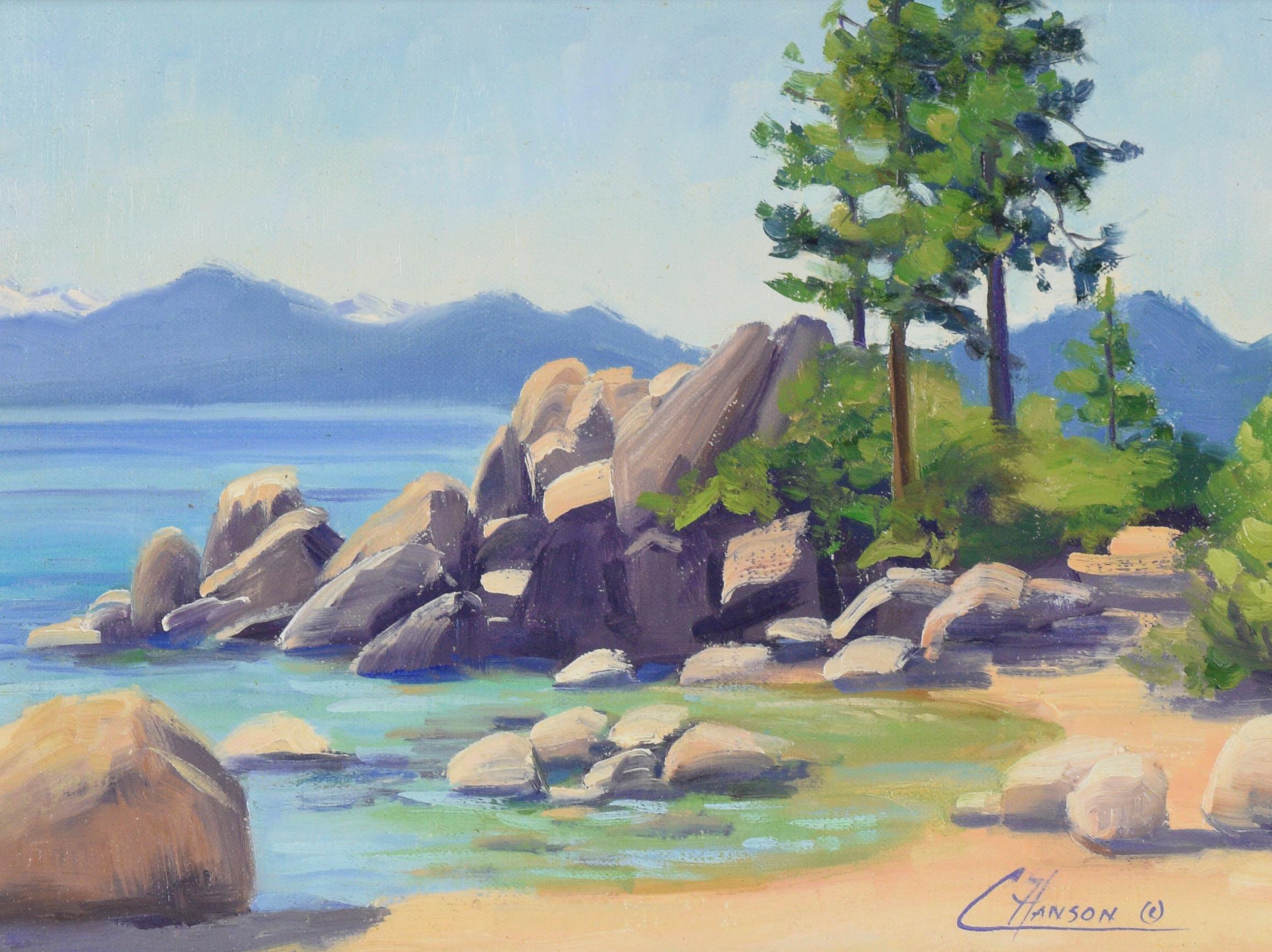 „Sand Harbor“ – Felsige Meereslandschaft in Öl auf Leinen – Painting von Coraly Hanson