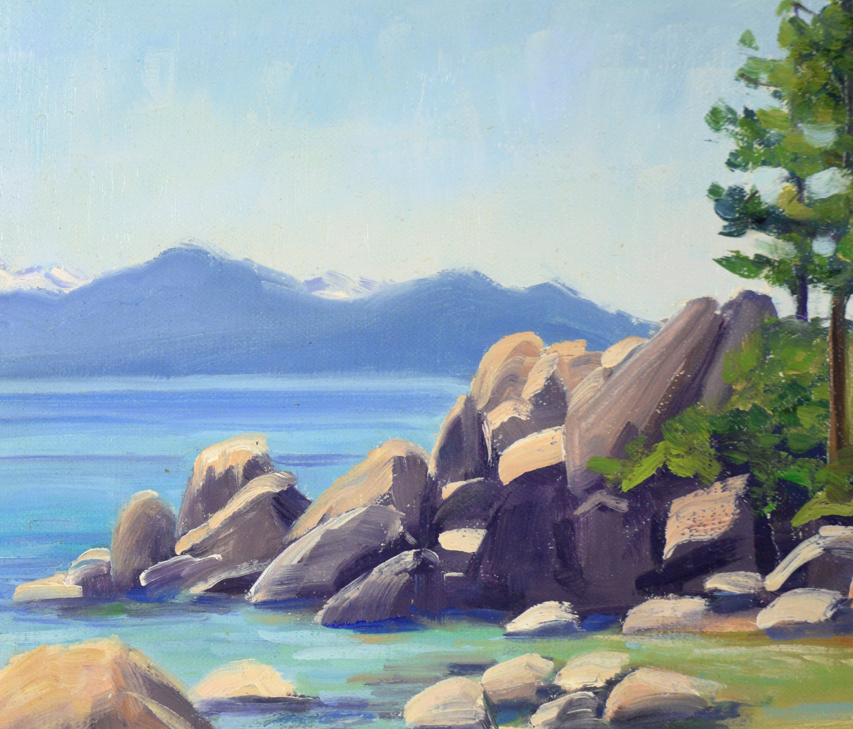 „Sand Harbor“ – Felsige Meereslandschaft in Öl auf Leinen (Amerikanischer Impressionismus), Painting, von Coraly Hanson