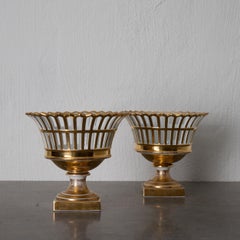 Corbeille Vase Pair of Swedish Porcelain Rörstrand White Gilded, Sweden