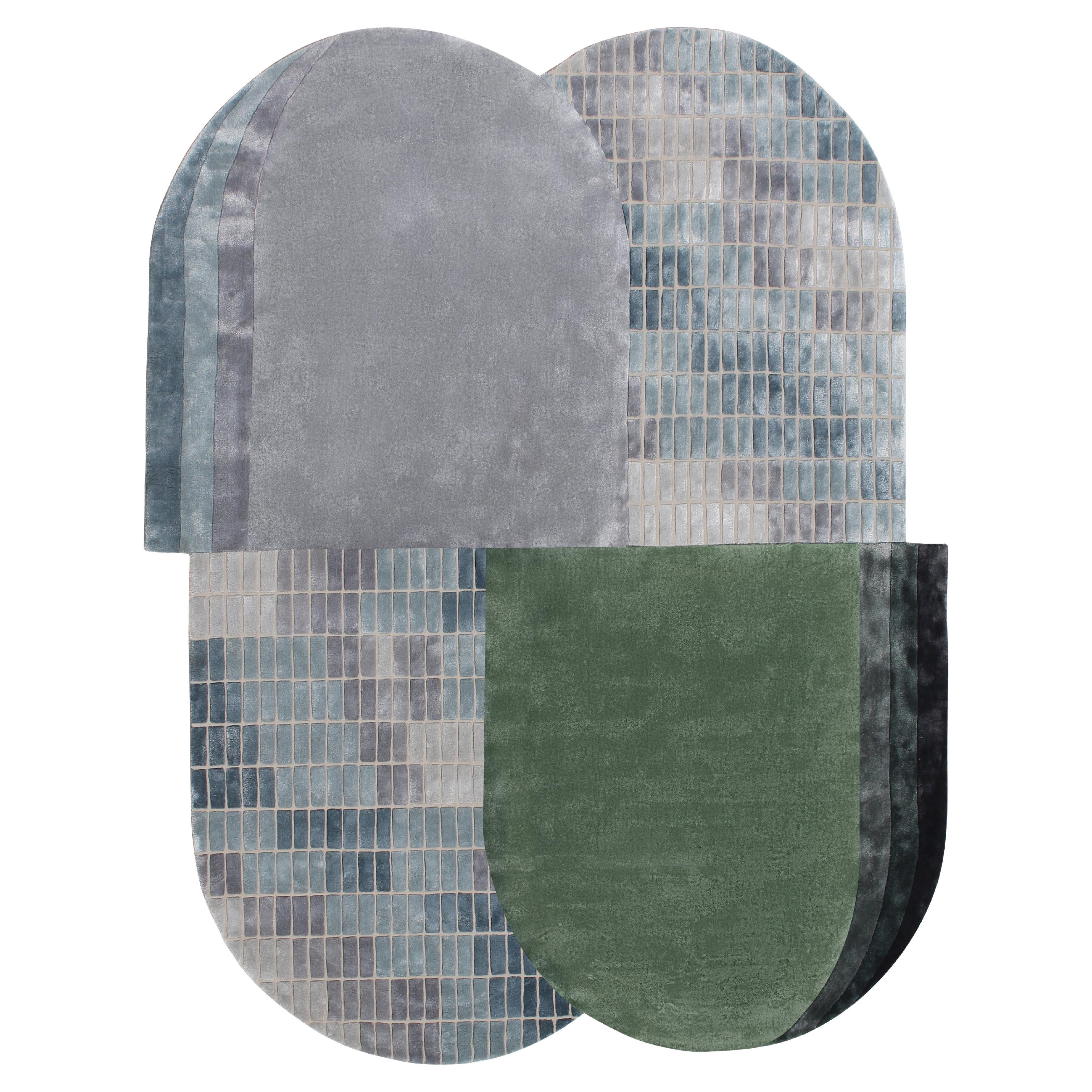 CORBEL Handgetufteter moderner Seidenteppich in Blau-Grün von Hand im Angebot