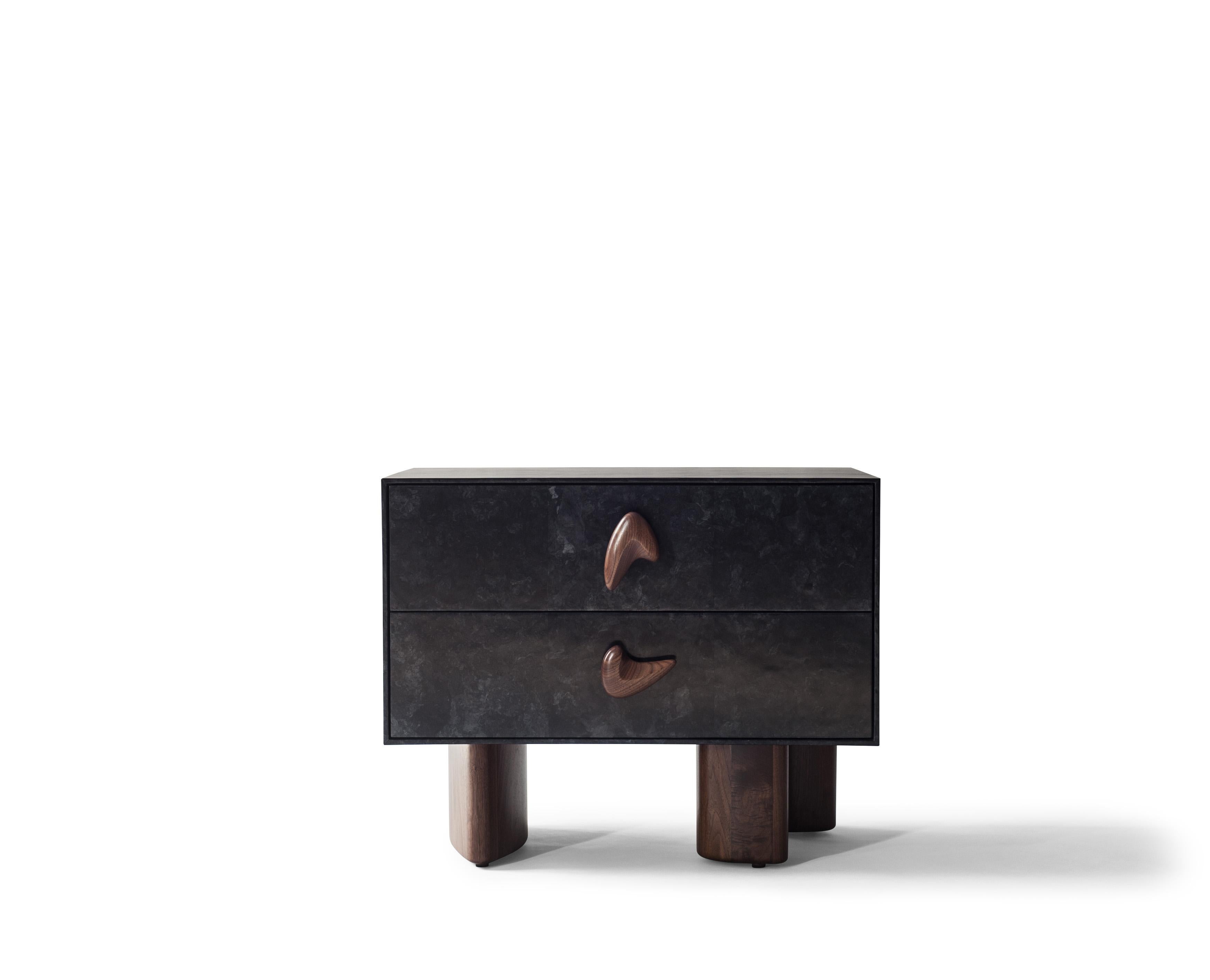 Corbu bedside table by DeMuro Das
Dimensions: W 76 x D 50.2 x H 61.5 cm
Materials: Solid walnut, matte
Carta (Coal), matte

Dimensions and finishes can be customized.

DeMuro Das is an international design firm and the aesthetic and cultural