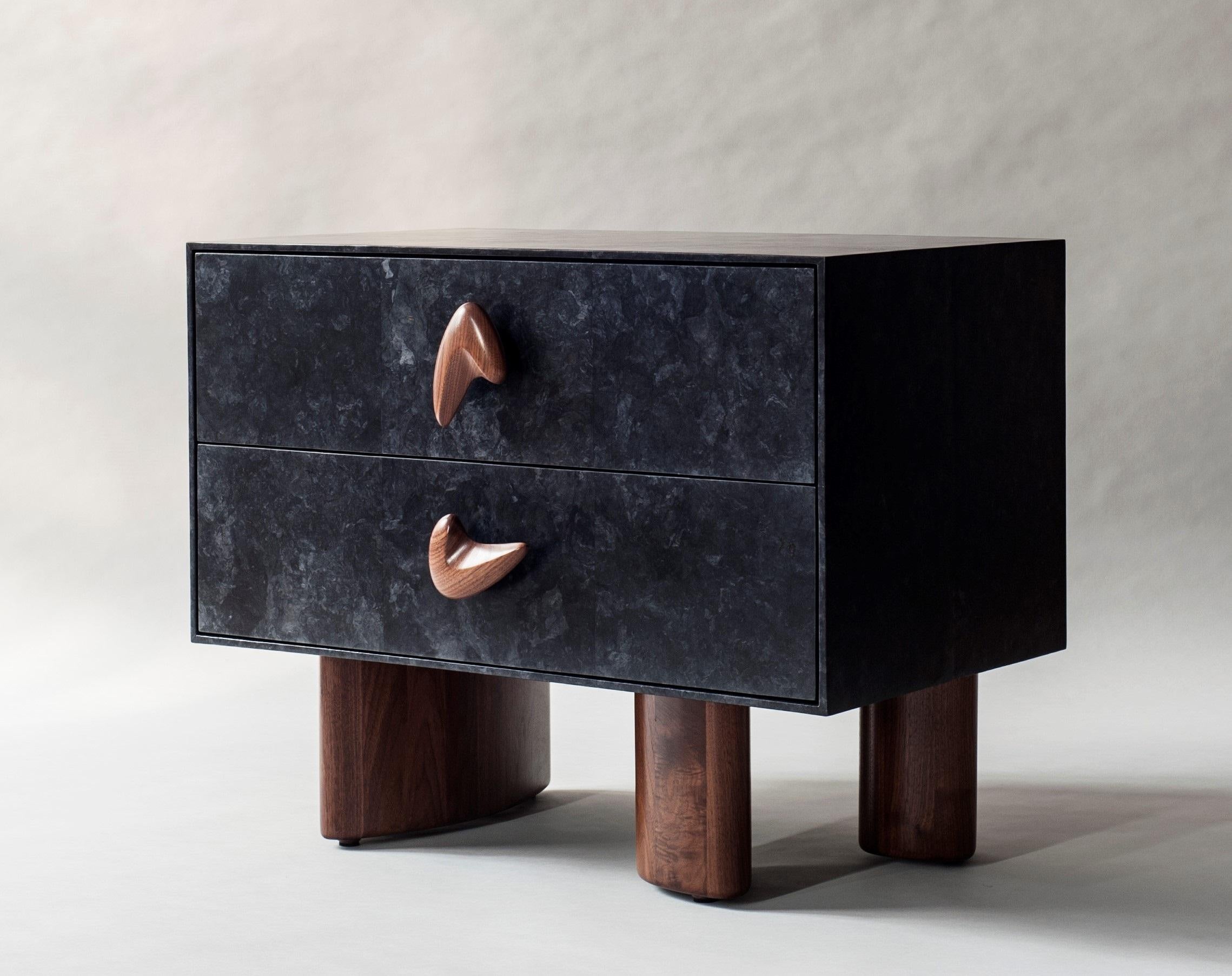 Veneer Corbu Bedside Table by DeMuro Das in Charcoal Carta and Solid Walnut For Sale