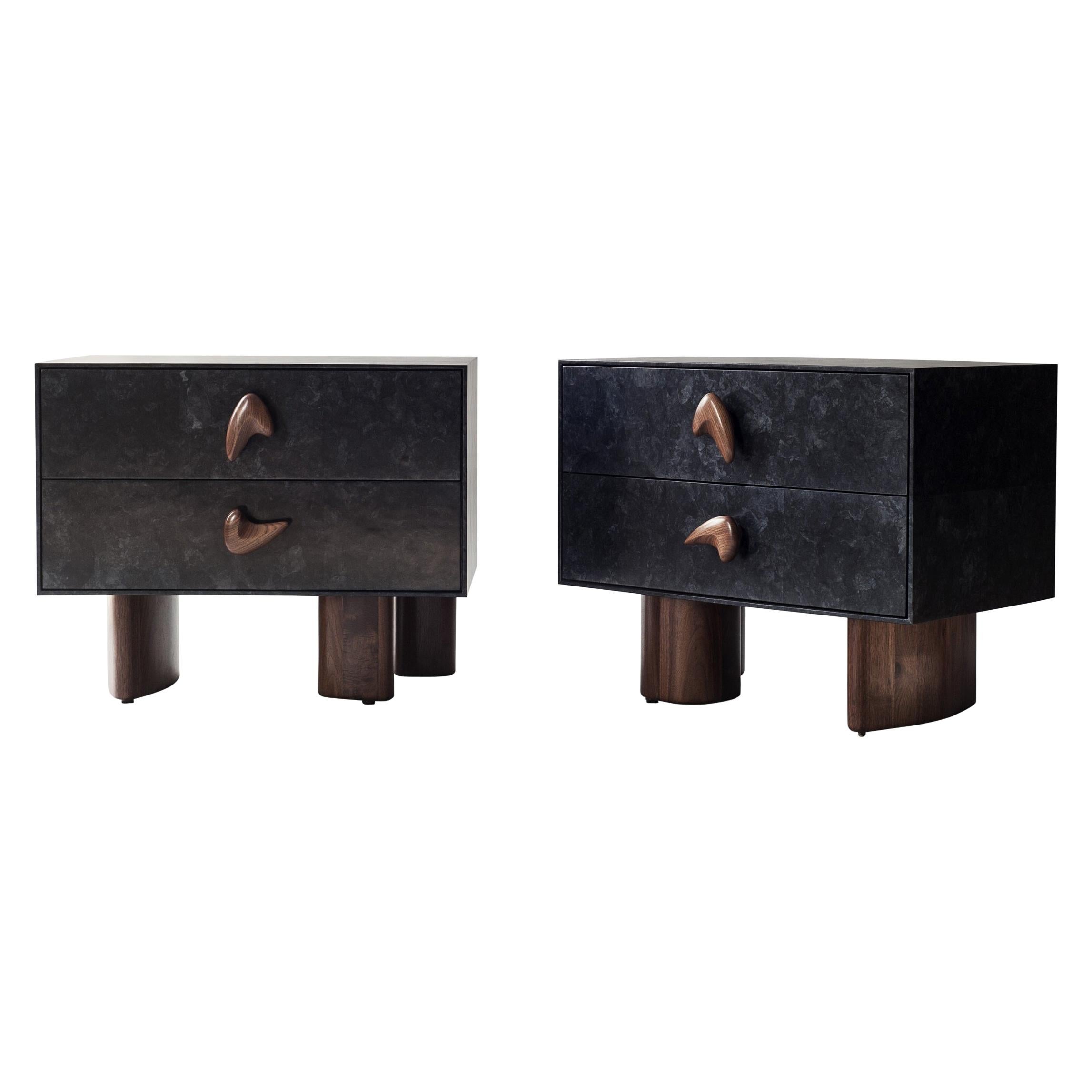 Corbu Bedside Table by DeMuro Das in Charcoal Carta and Solid Walnut