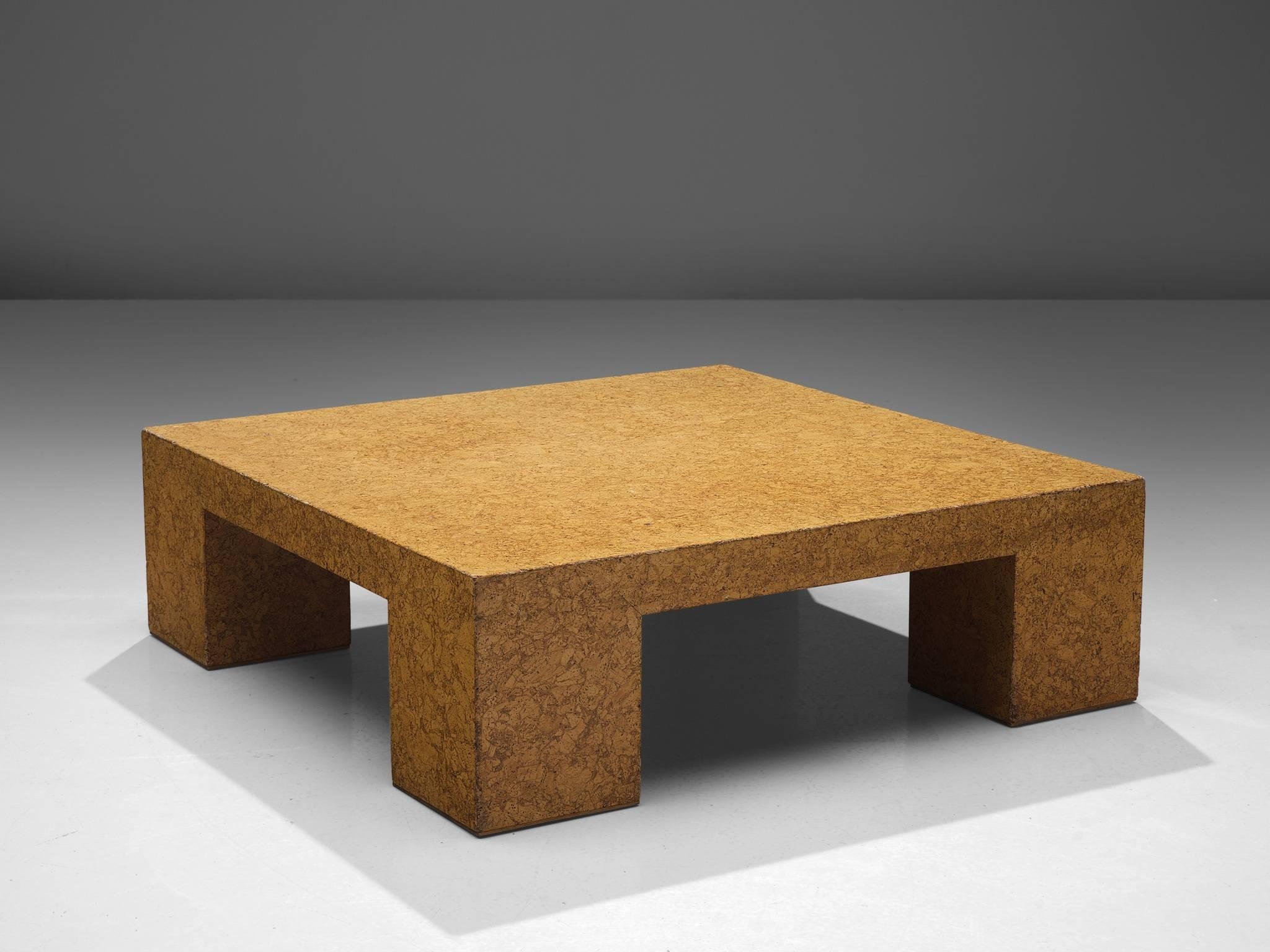 Jan de Smedt, cocktail table, corck, Belgium, circa 1970. Signed: Jan de Smedt (1929-1982)

This architectural table shows balanced proportions and executed in a warm, honey colored patinated cork. It is in the proportions that this table shows a