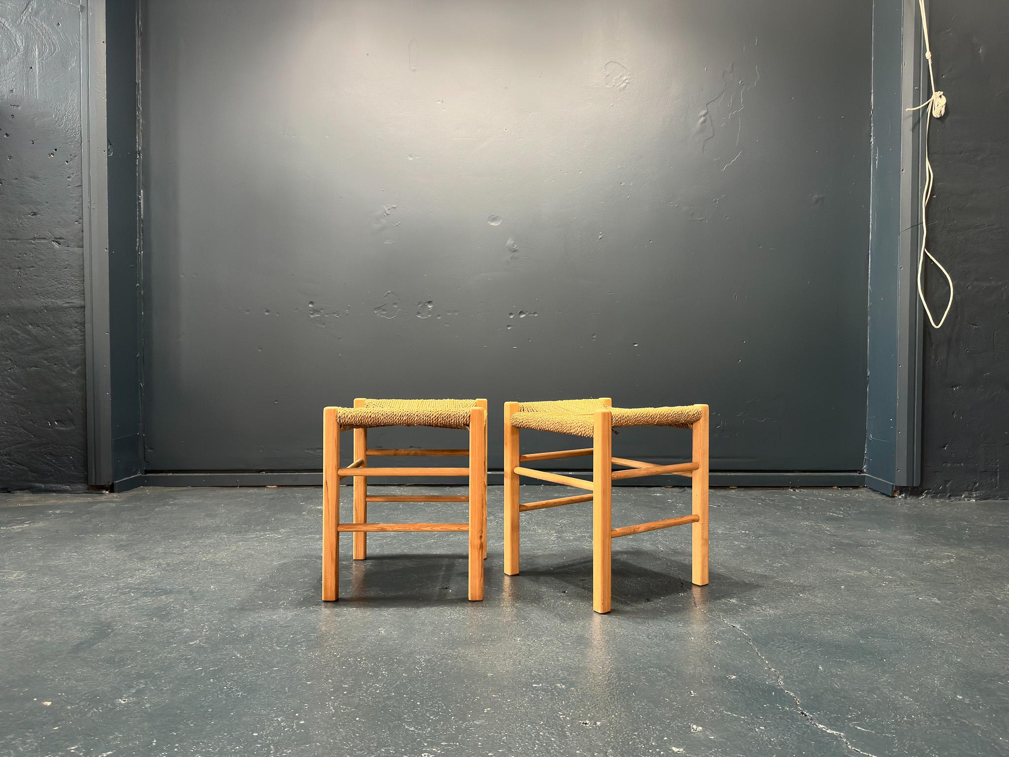 This set of cord stools feature a solid pine frame and woven papercord seat.  The design is simple and classic, with rung details and a triangular pattern used for the woven seat.

The stools are priced individually.