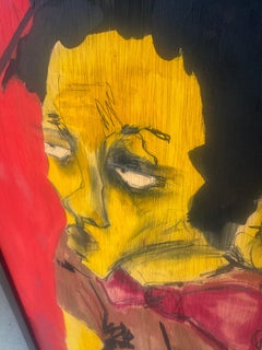 Cordell Cordaro oil painting on board , "Lady at Starbucks'.. Modernist Folk Art