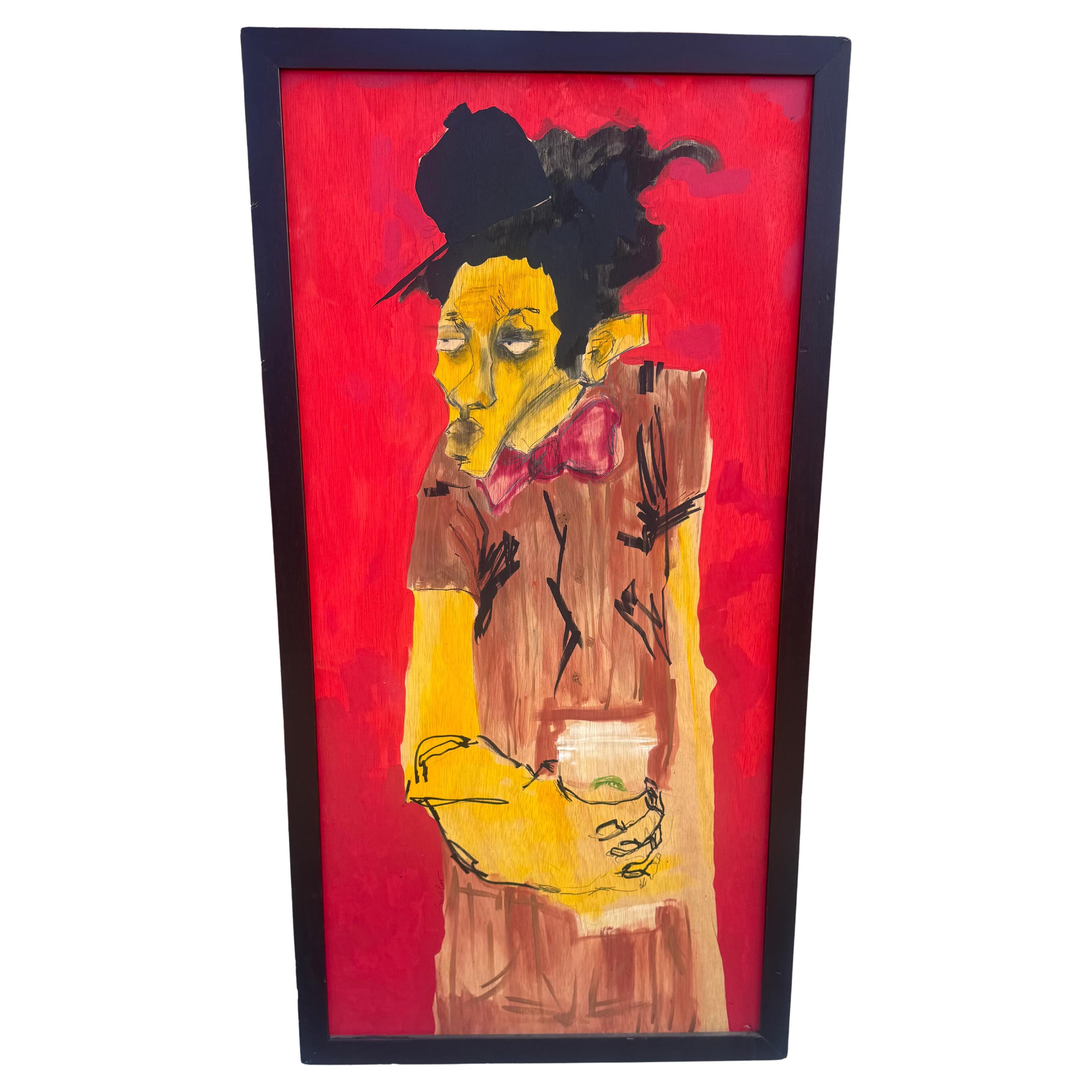 Cordell Cordaro oil painting on board , "Lady at Starbucks
.. Modernist Folk Art