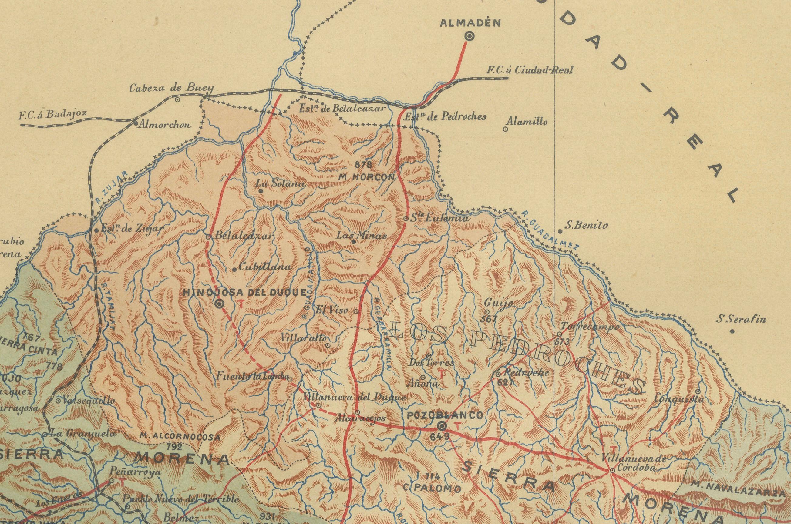 The map provided is of the province of Córdoba, part of the autonomous community of Andalusia in southern Spain, as of the year 1901. It details various elements:

The map displays the varied terrain of Córdoba, including the Sierra Morena to the