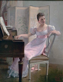 19th Century Oil on Mahogany, French School, Signed A Mlle André, Woman at Piano