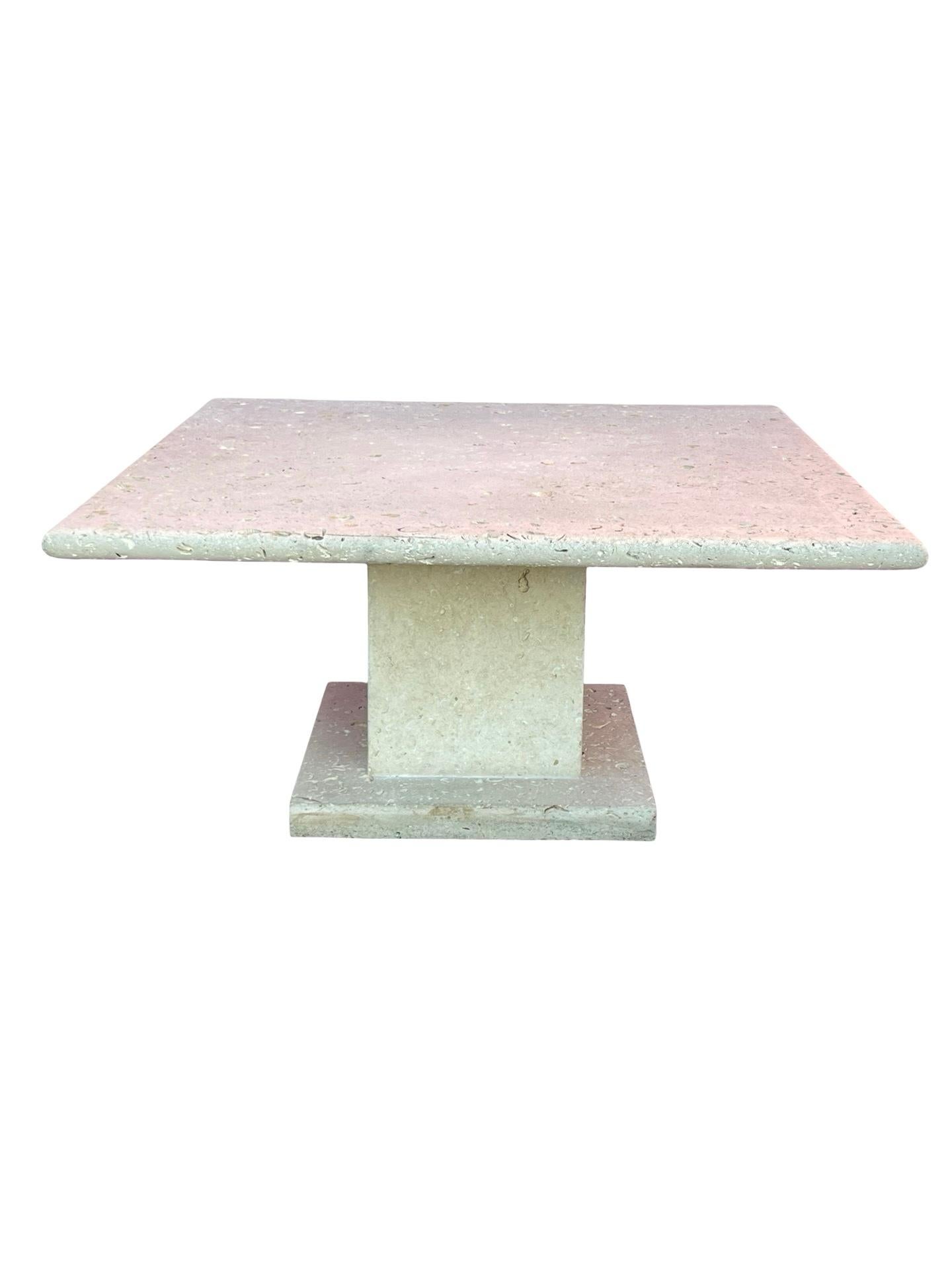 Purchased from Peggy Carson estate, this wonderful Cordova stone dining table is sure to impress. Massive in size weighing over 800 pounds. It’s perfectly solid for outdoor or indoor use. We’re unable to find the maker as a dining table of this