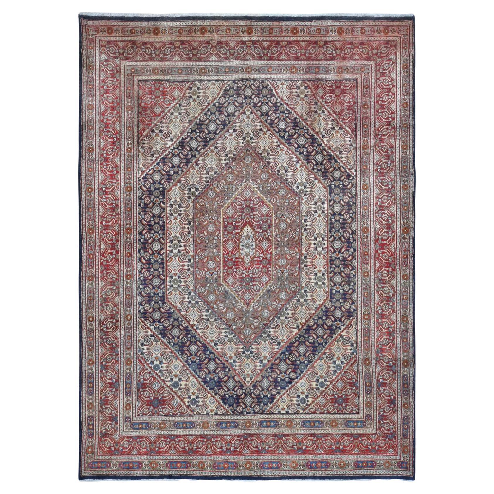 Cordovan Red Vintage Persian Moud Geometric Design Pure Wool Hand Knotted Rug For Sale