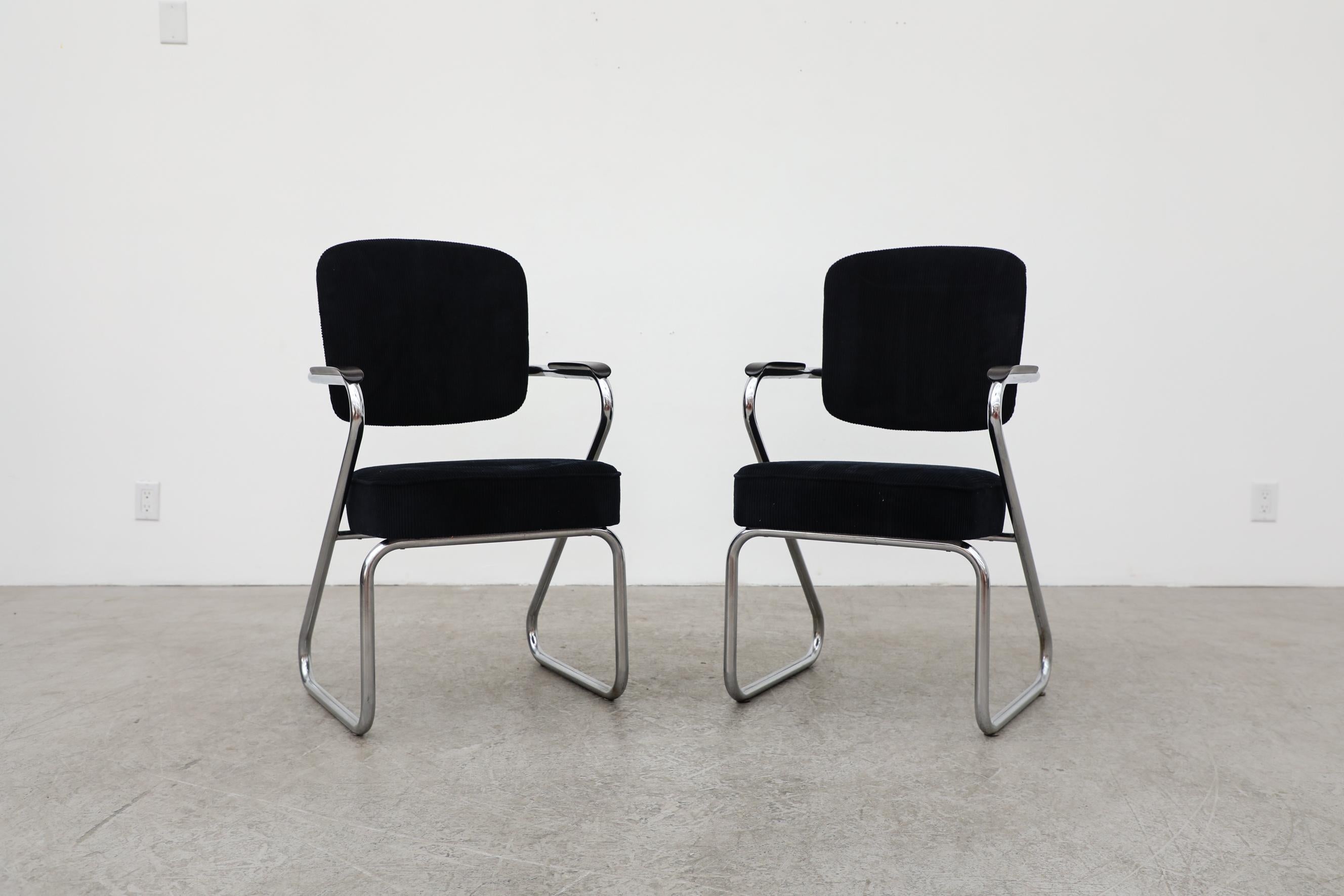 These 1950s black corduroy armchairs were designed by Paul Schuitema for Fana Metaal Rotterdam. Chrome frame in the shape of a 
