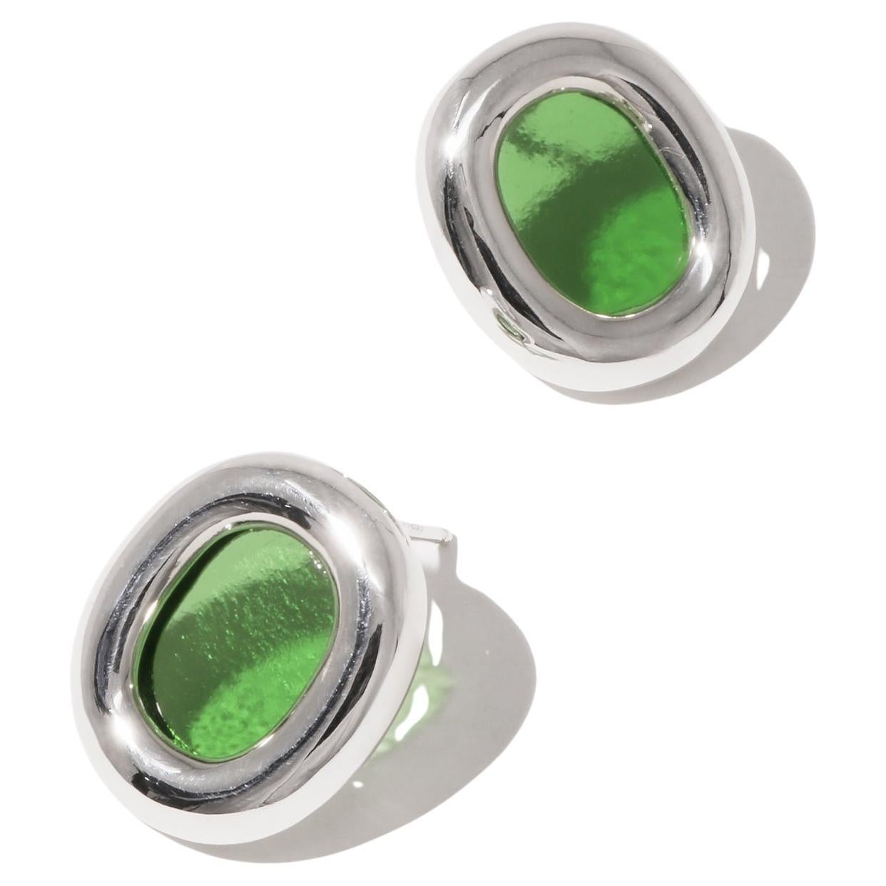 Core Loop Earrings in 925 Sterling Silver & Green Forest Stone by CLED For Sale