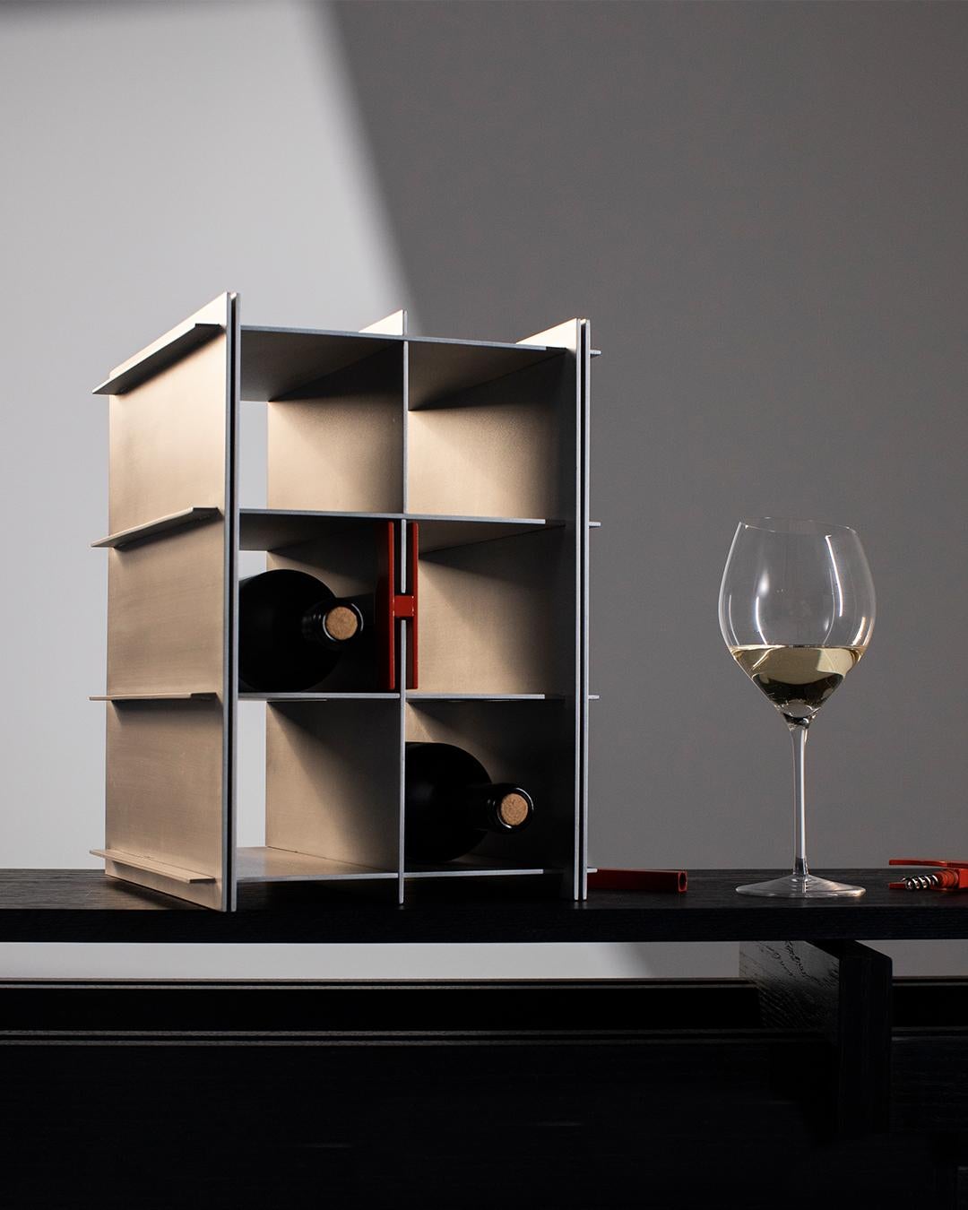 Modern Core Wine Rack Made of Aluminium Including Corkscrew, Metallic For Sale