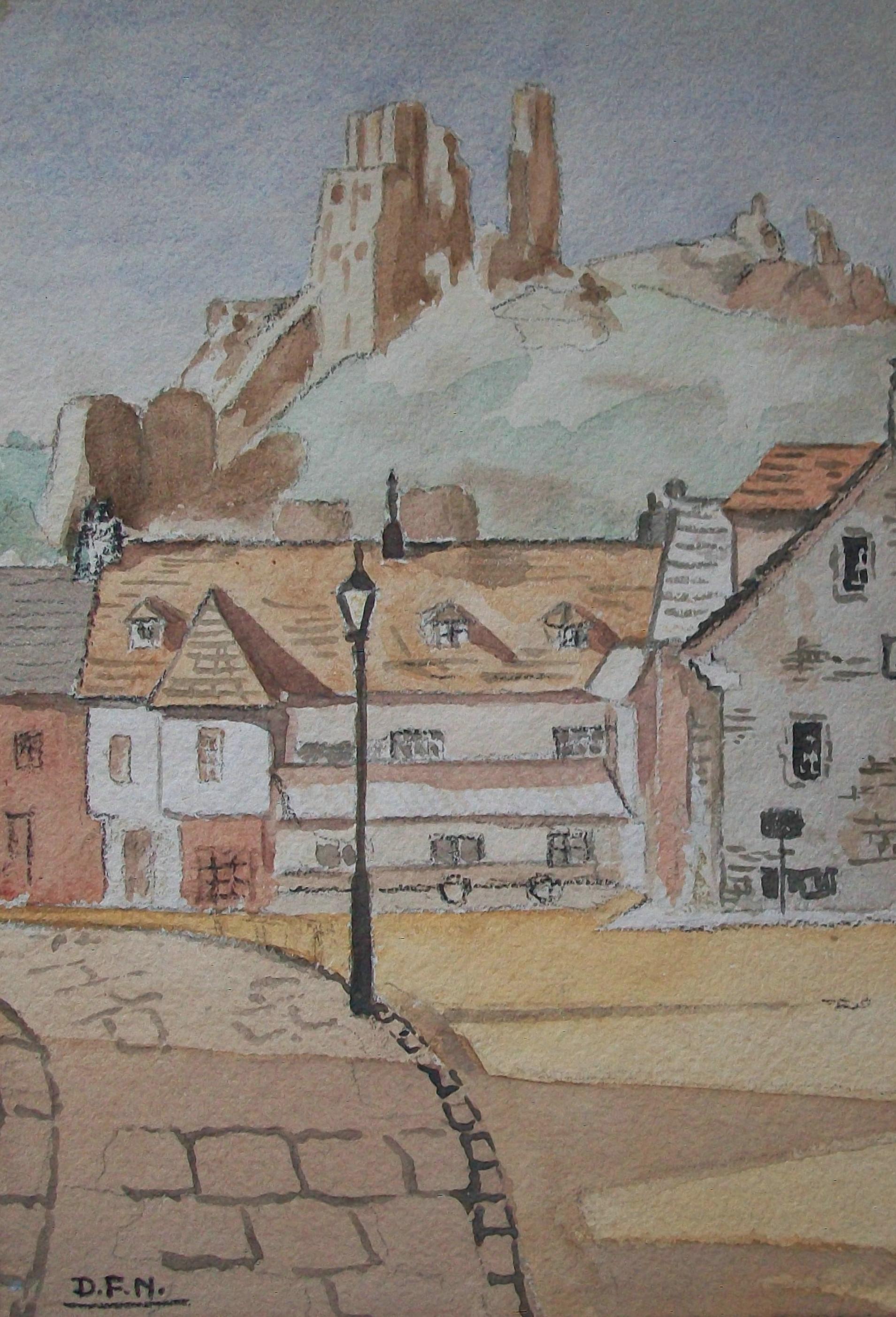 D.F.N. (Unknown/Unidentified Artist) - 'Corfe Castle - Dorset, U.K.' - Vintage watercolor painting on paper - unframed - initialed lower left - United Kingdom - 20th Century.

Good vintage condition - toning to the paper from a previous framing -