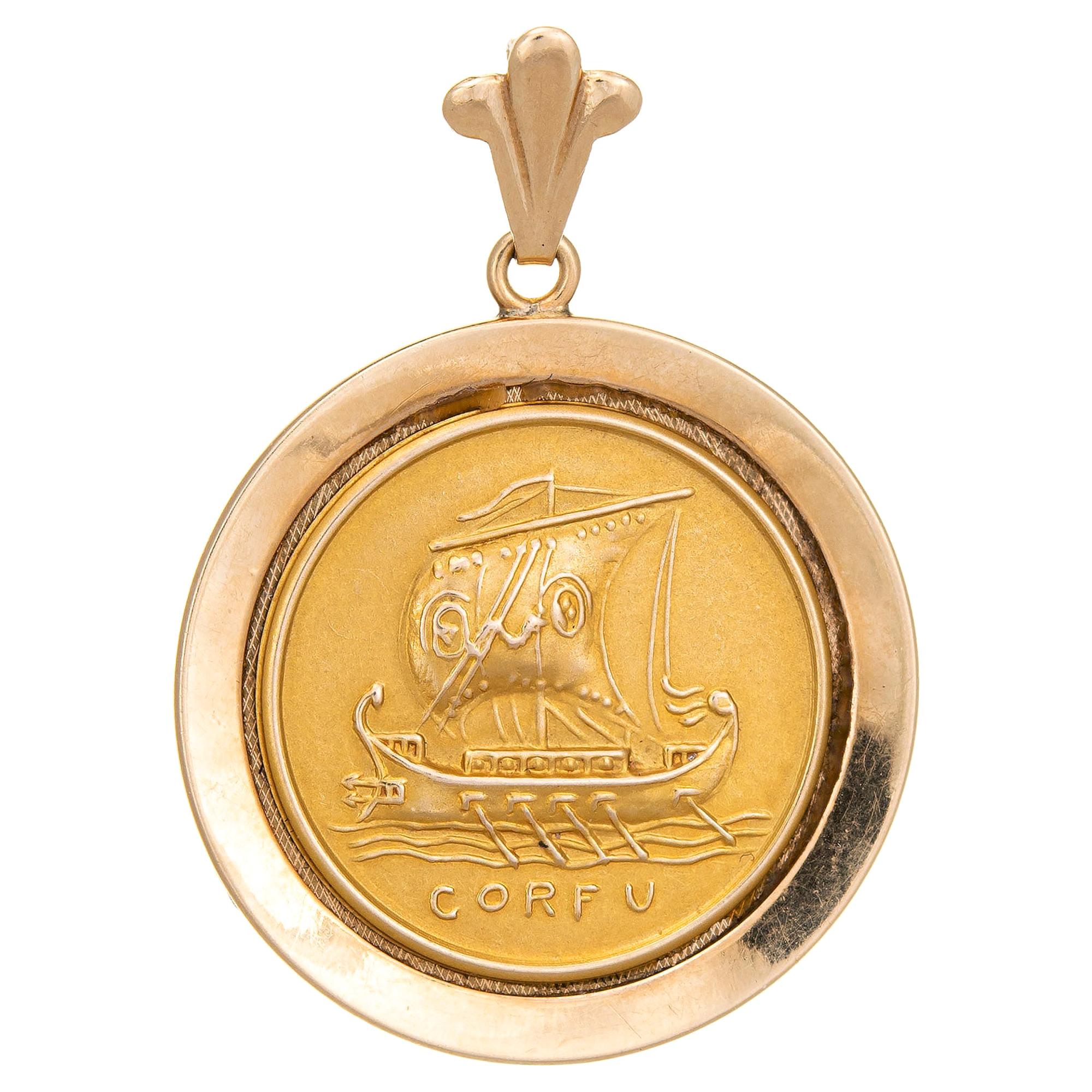 Corfu Medallion Pendant Charm Vintage 14 Karat Gold Greek Ship Sea Jewelry For Sale