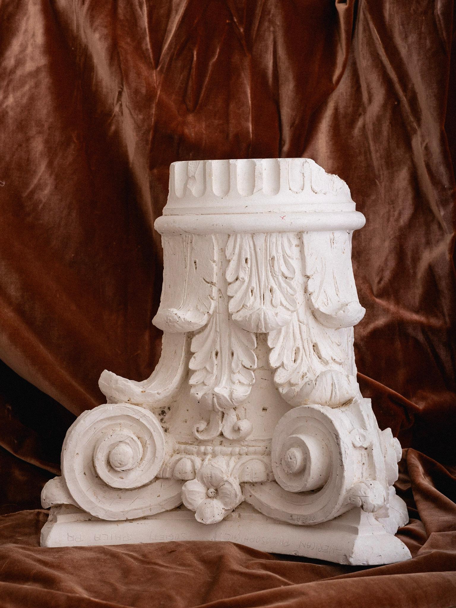 A plaster study of a corinthian column. Marked in pencil “American Philosophical Society, Philadelphia, PA.” Rough unsealed plaster patina.