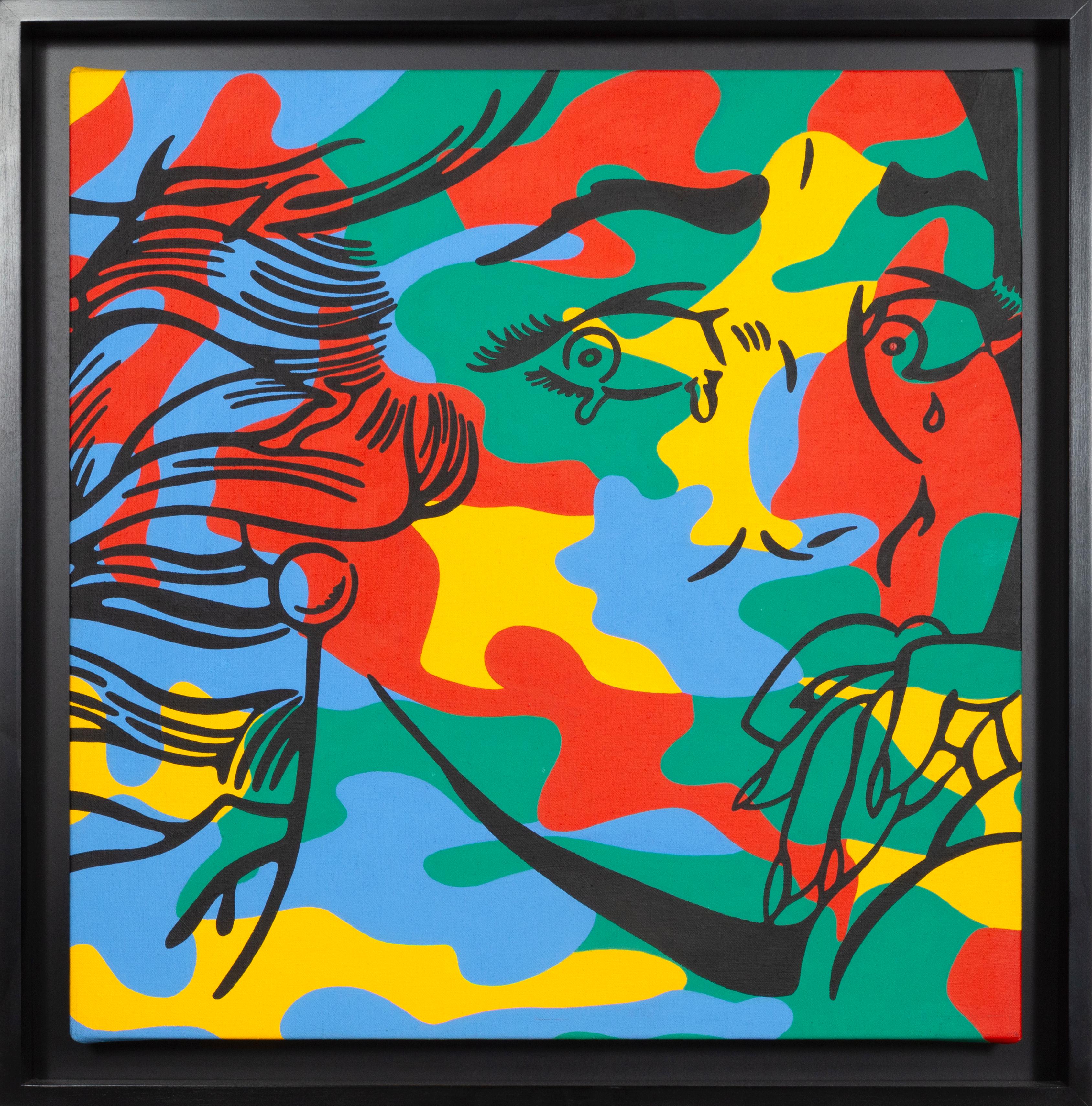 Künstlerin: Corinna Heumann, Deutsche (1962 -  )
Titel: Lichtenstein trifft Warhol (Weinendes Camouflage-Mädchen)
Jahr: 2002
Medium: Öl auf Leinwand, verso signiert, betitelt und datiert
Größe: 24 x 24 in. (60,96 x 60,96 cm)
Rahmengröße: 27,75 x