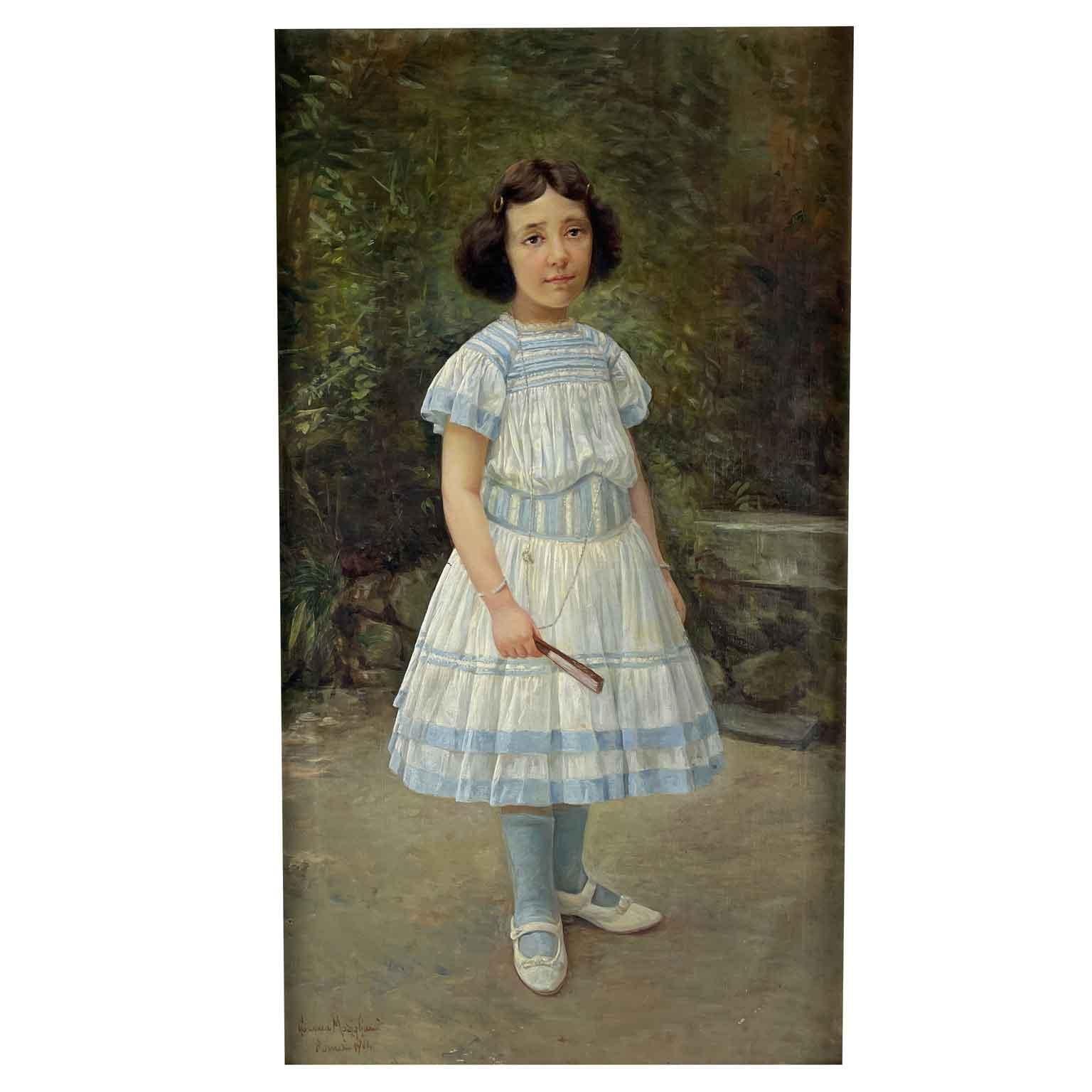Corinna Modigliani Ritratto Di Bambina Roma 1904 Splendida opera italiana dipinta ad olio su tela raffigurante una bambina elegantemente vestita con un vestito bianco e azzurro a mezze maniche, scarpette bianche e calze celesti. La bimba è ritratta