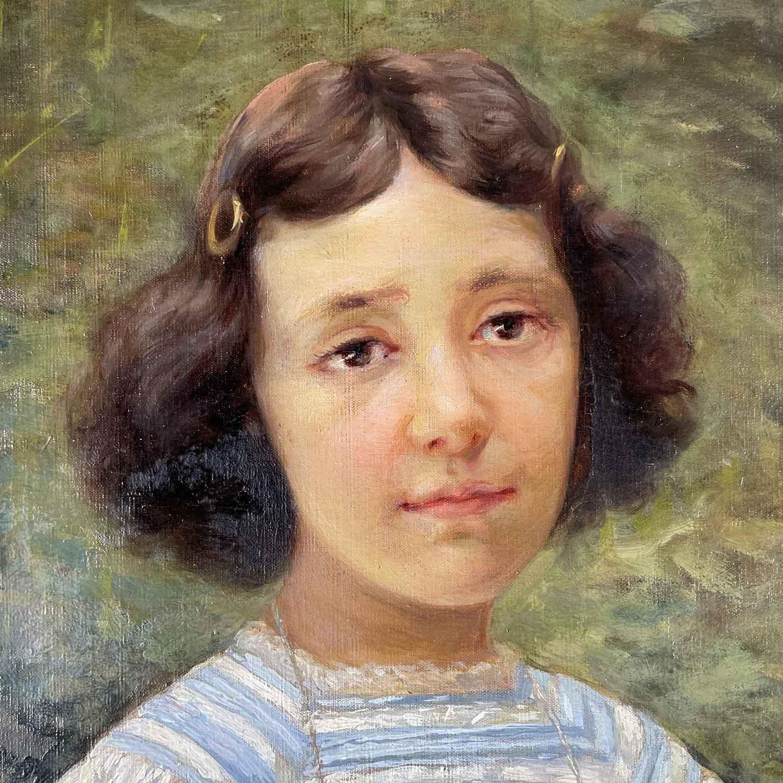 A olio Ritratto Di Bambina Con Abito Azzurro e Bianco Roma 1904 di Corinna Modigliani in vendita