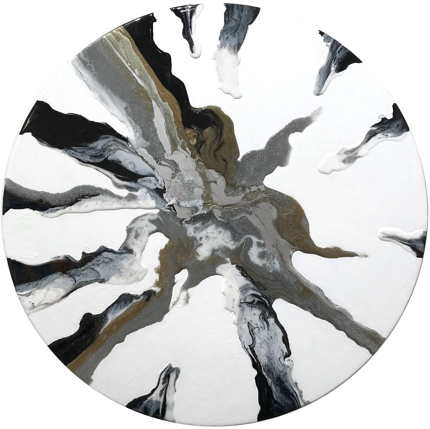 Corinne Natel Abstract Painting – „Jun“ Zeitgenössisches farbenfrohes, fließendes Gemälde in Mischtechnik auf runder Leinwand