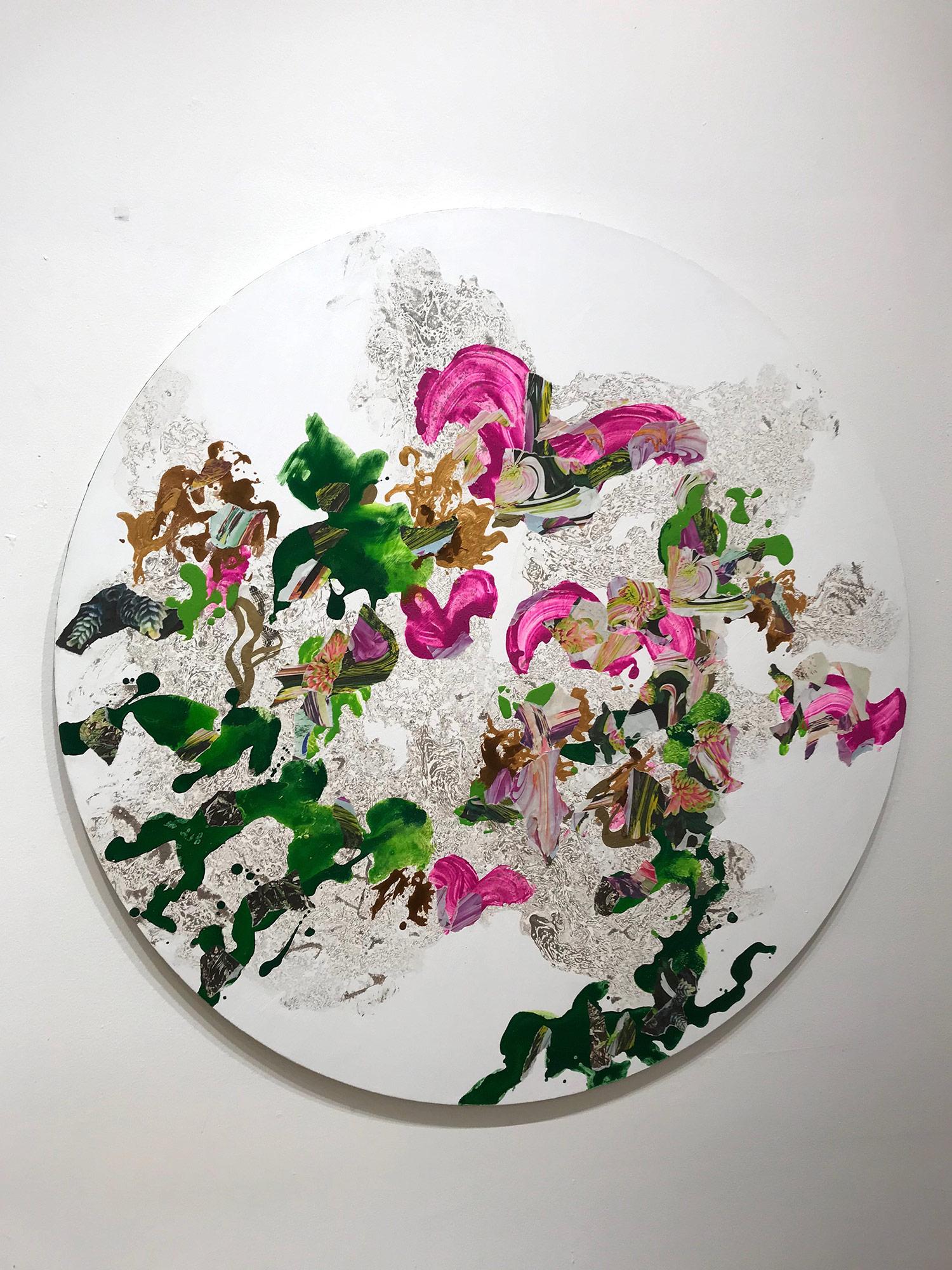 Zeitgenössisches farbenfrohes, fließendes Gemälde in Mischtechnik auf runder Leinwand „Paradise“ im Angebot 7