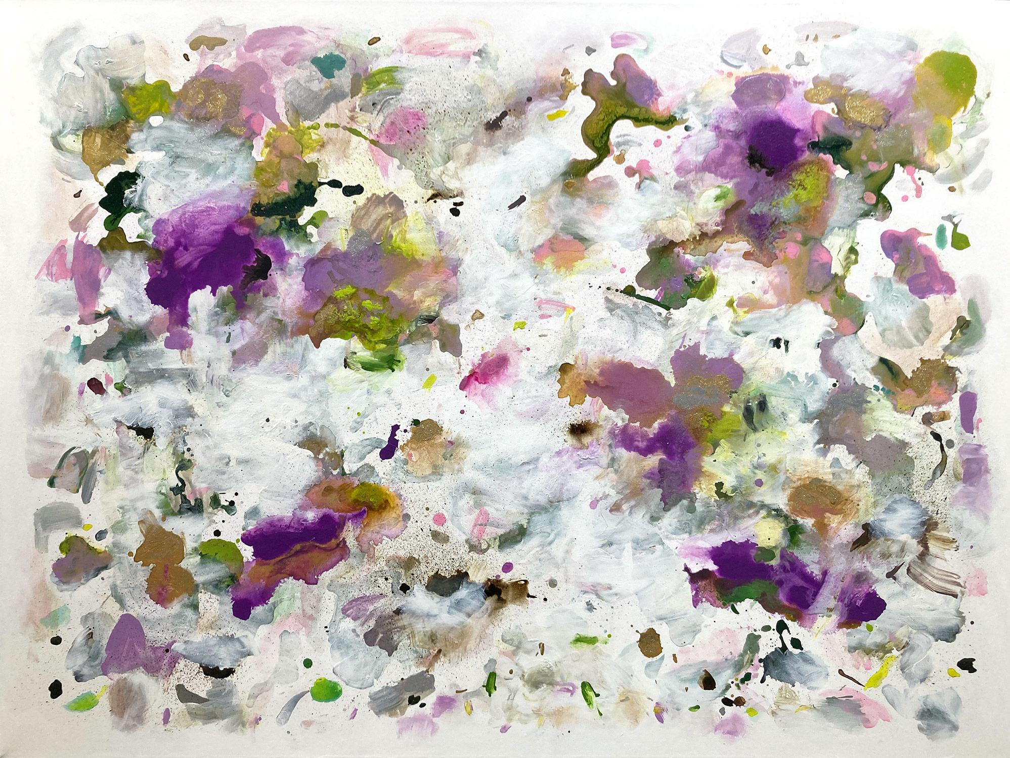 A dramatic mixed media on canvas painting with wonderful details and pops of purple, green and light lavender. We are enamored by the stark contrast, as the shape of the paint takes on unique and stunning forms. A wonderfully colorful and strong
