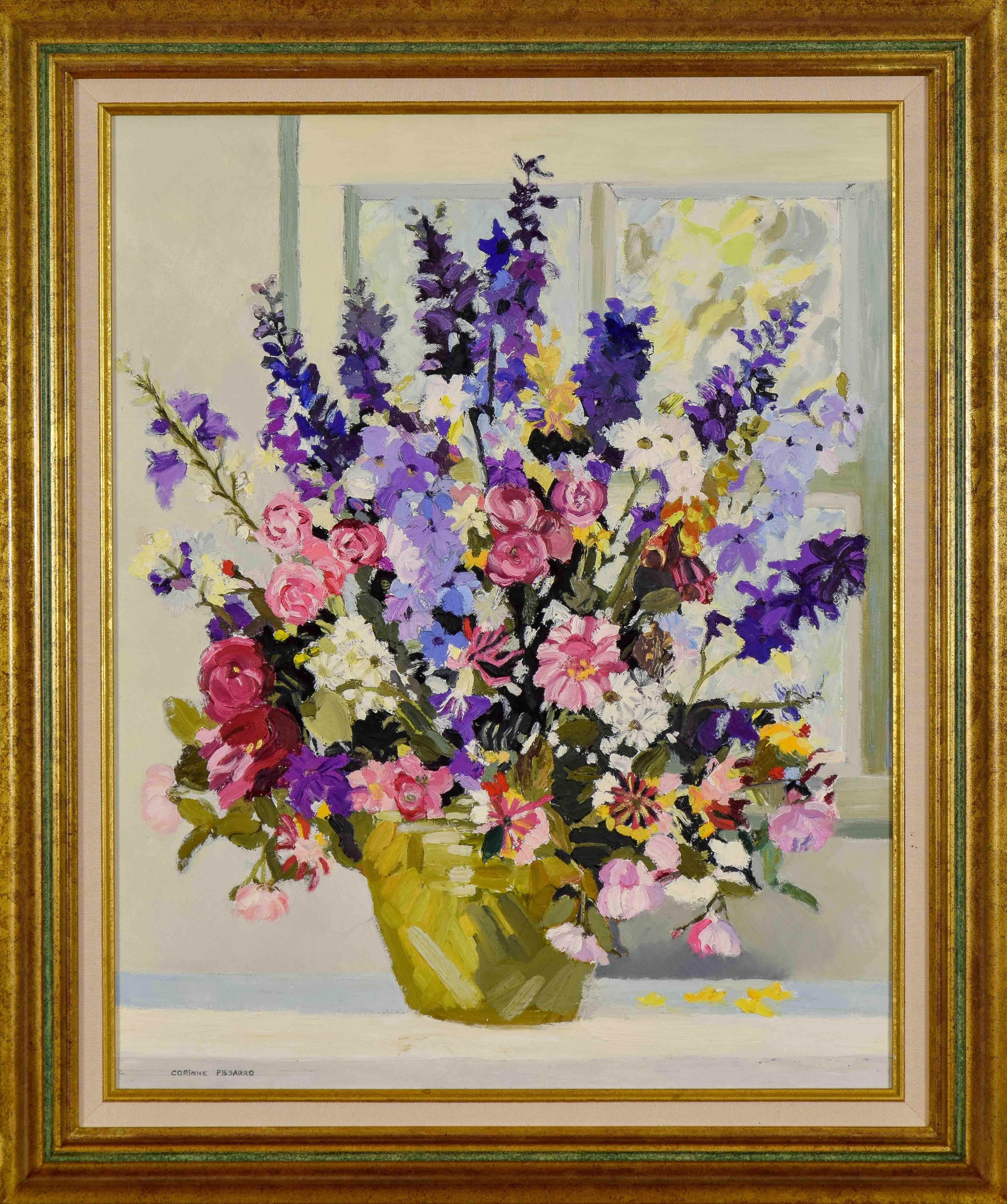 Les Delphiniums de Mamy by Corinne Pissarro - Contemporary flower painting For Sale 1