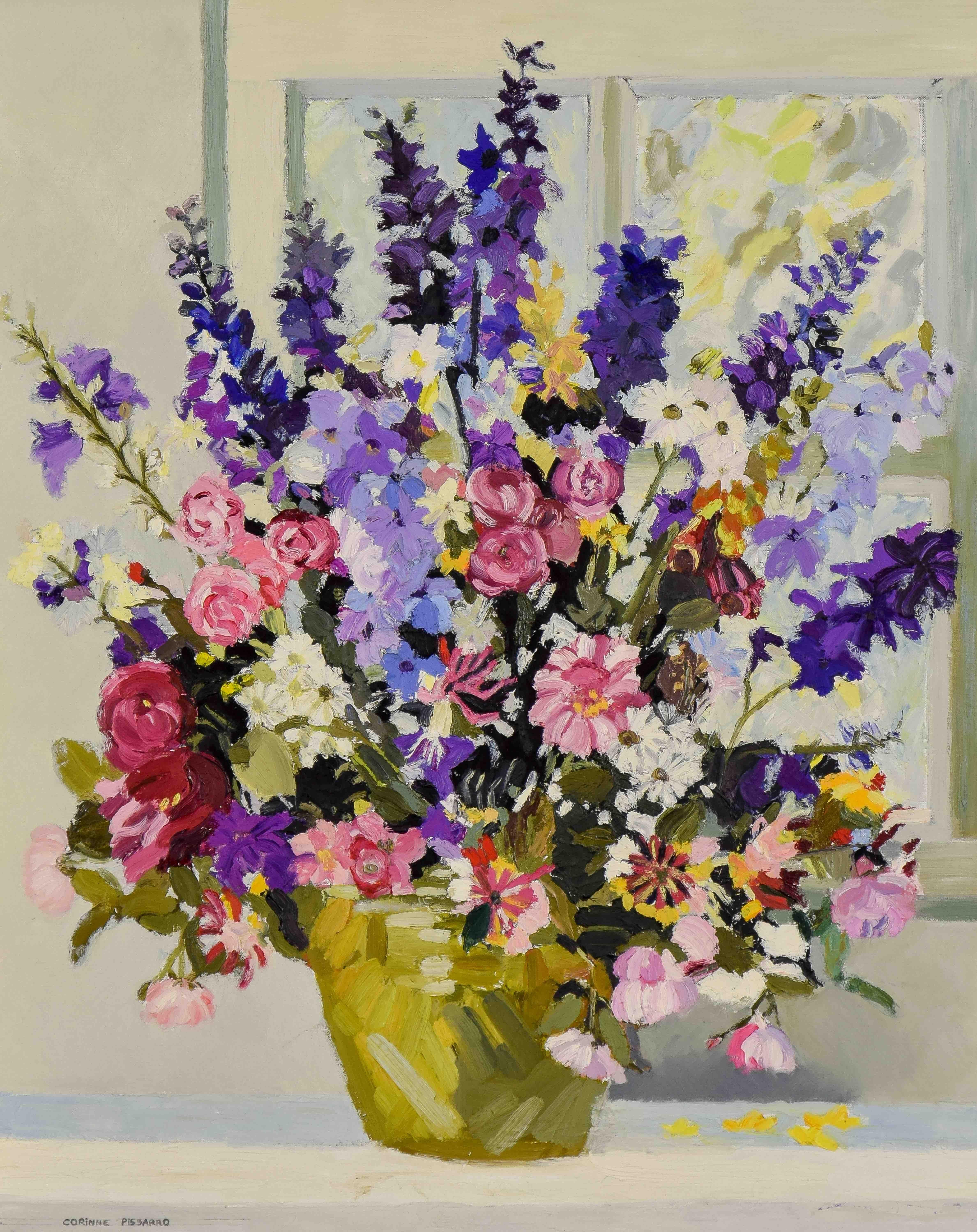 Les Delphiniums de Mamy by Corinne Pissarro (b. 1974)
Oil on canvas
81 x 65 cm (31 ⁷/₈ x 25 ⁵/₈ inches)
Signed lower left Corinne Pissarro Signed again, titled and dated Nov-Dec 2001 Irlande on the reverse

This work is accompanied by a certificate