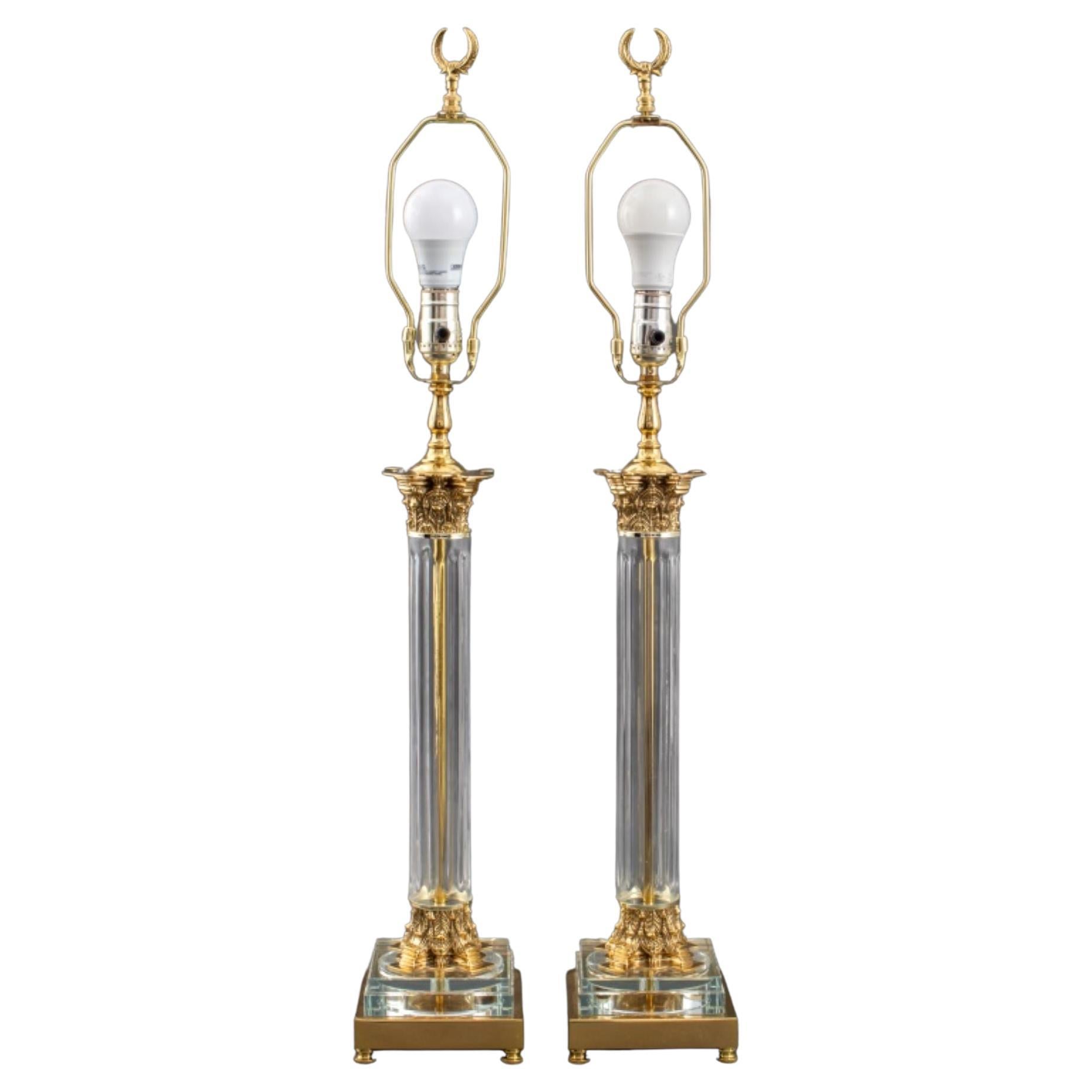 Corinthian Brass and Glass Table Lamps, Pair For Sale