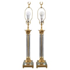 Corinthian Brass and Glass Table Lamps, Pair