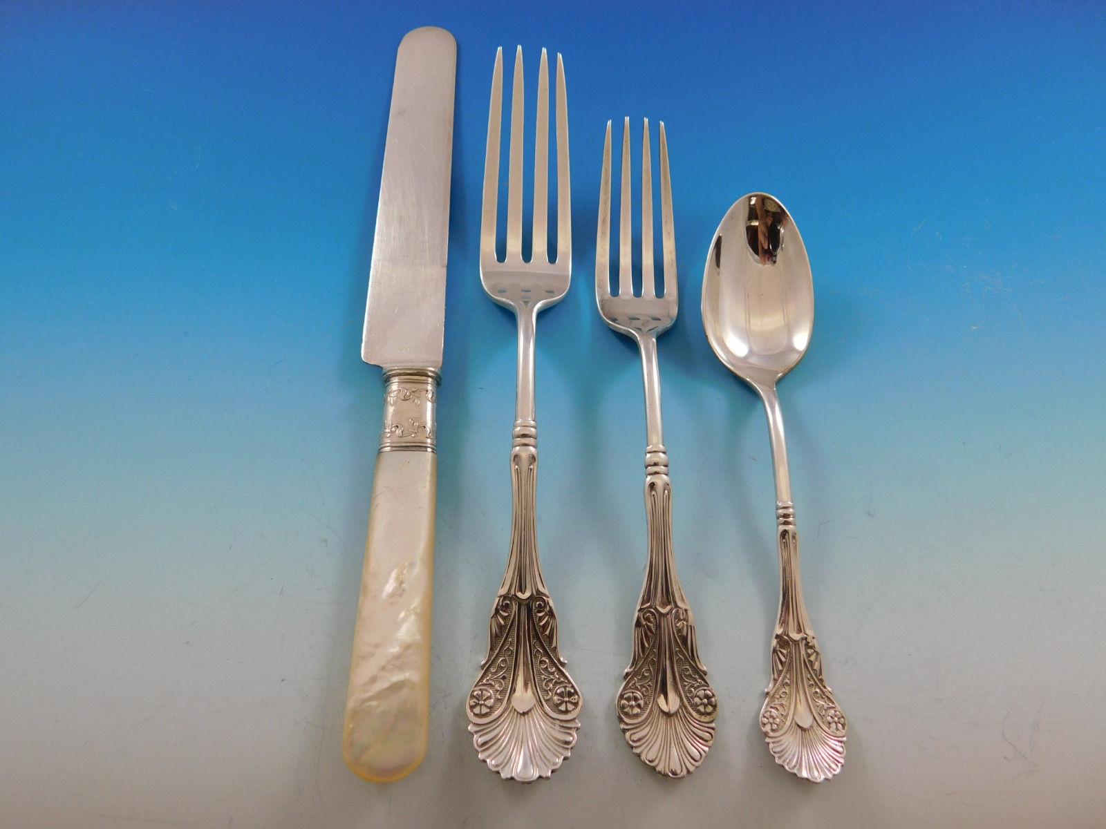 Rare Corinthian by Polhamus/Shiebler sterling silver flatware set - 72 pieces.
This set includes:

12 mother-of-pearl handle knives with sterling collars, 9 1/4