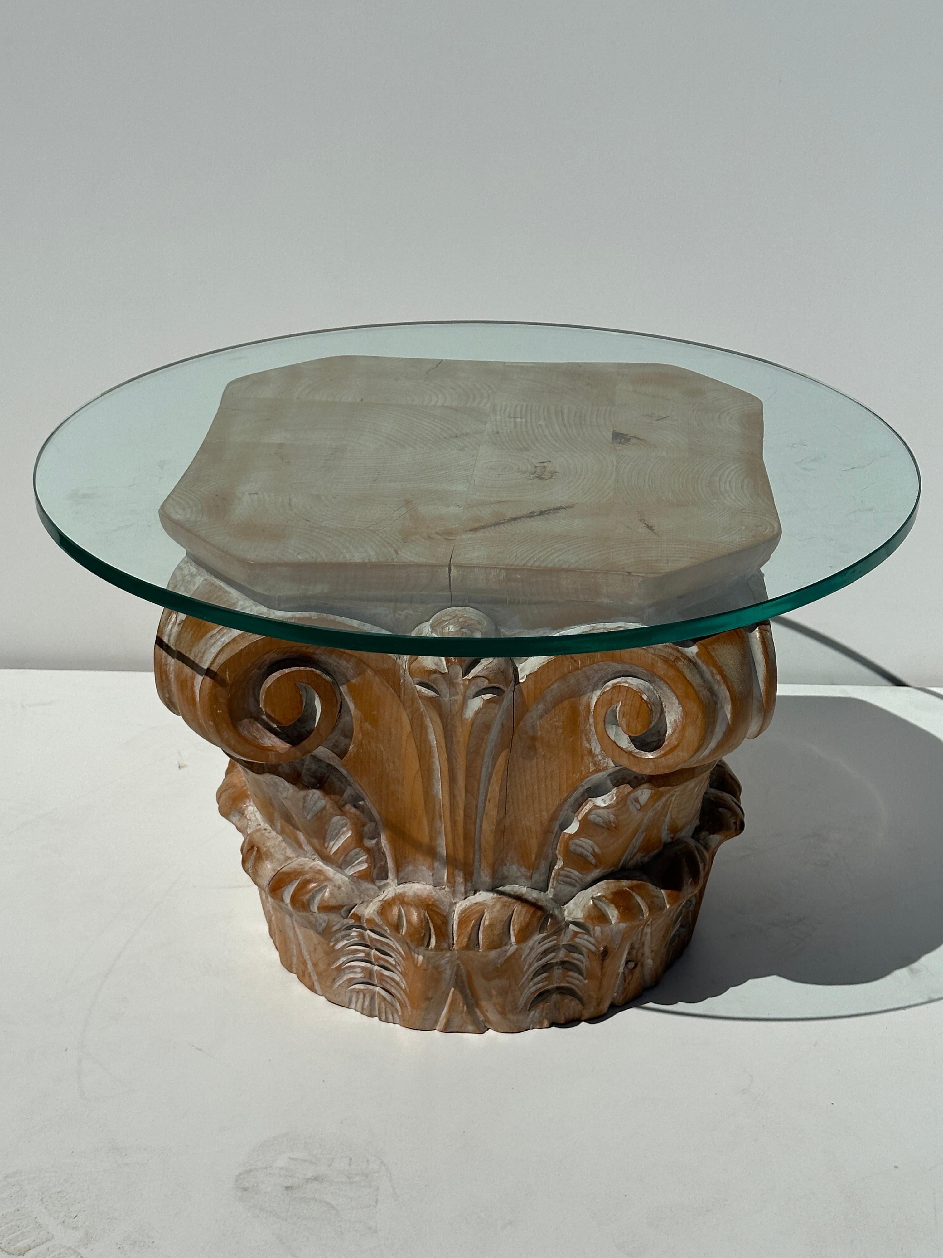 Corinthian capital occasional table carved in solid pine with white wash antique finish. Made in Italy. Glass top is 24