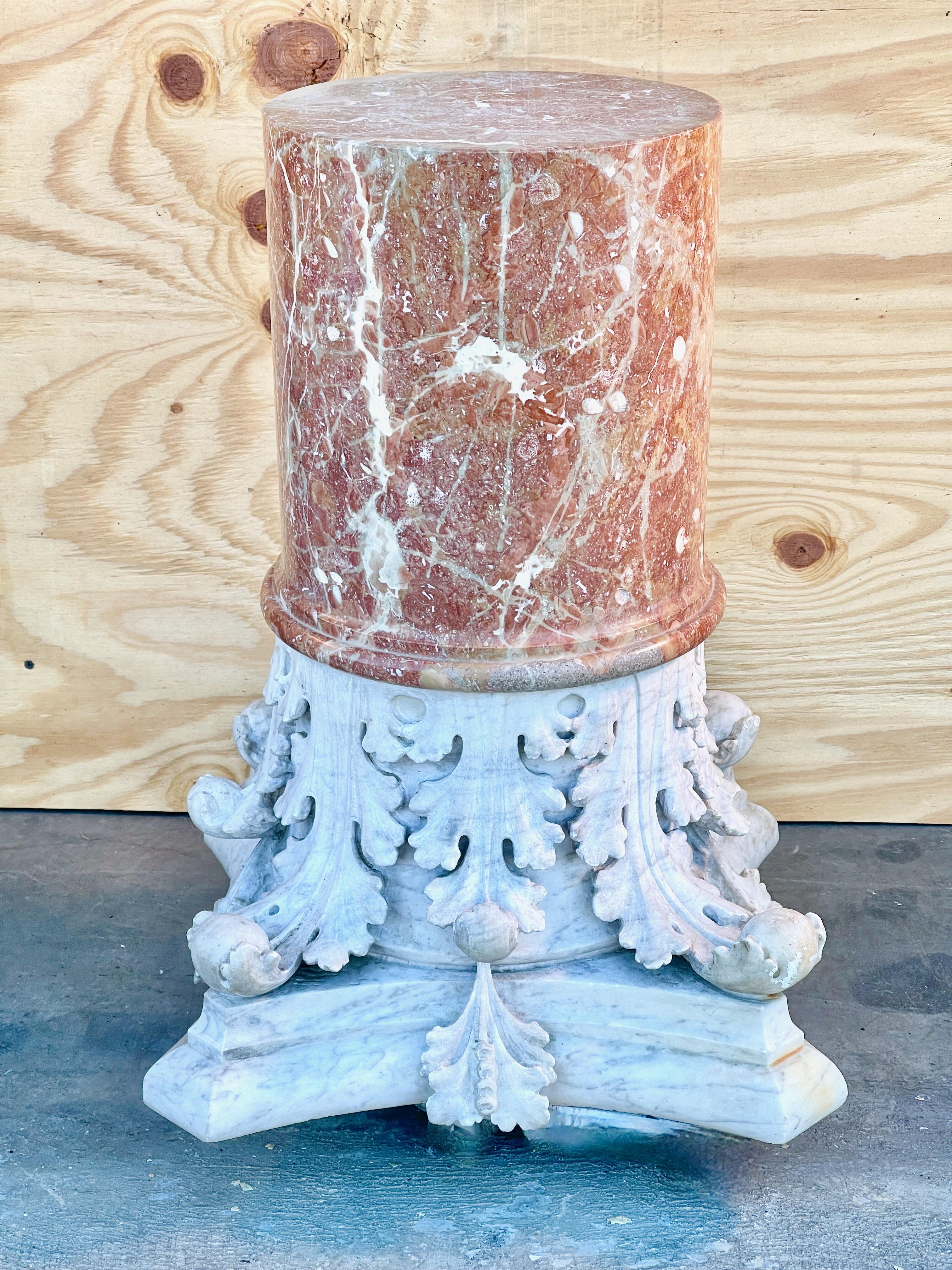 ***SUMMER SALE***


Very uncommon antique Rojo Alicante round marble column on hand-carved stone Corinthian capital.
One solid piece, not separate.
Total height from floor 24 inches.
Column diameter 11 inches.
Square capital base 17.5 inches by 17.5