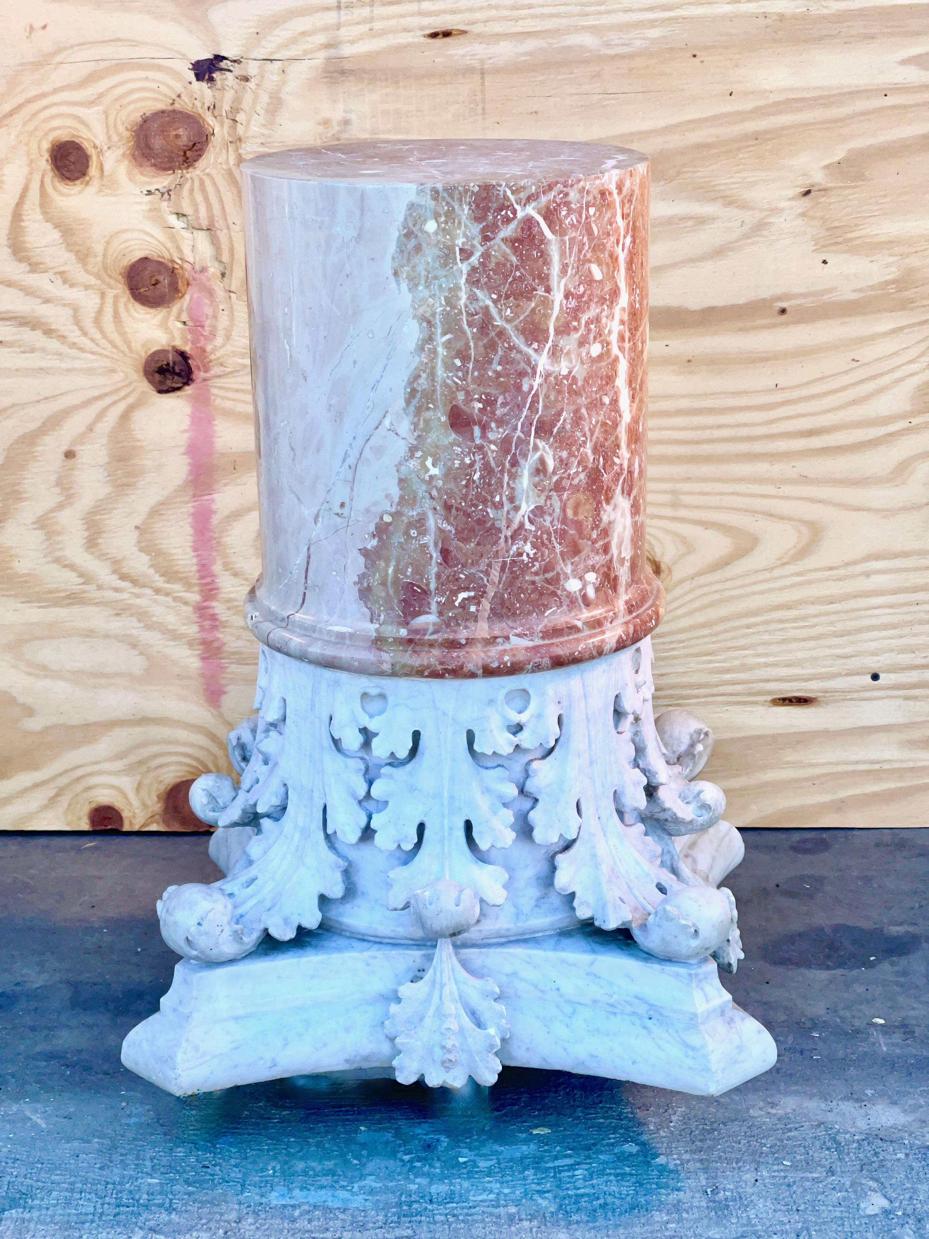 Hand-Carved Corinthian Capital Rojo Alicante Marble Pedestal For Sale