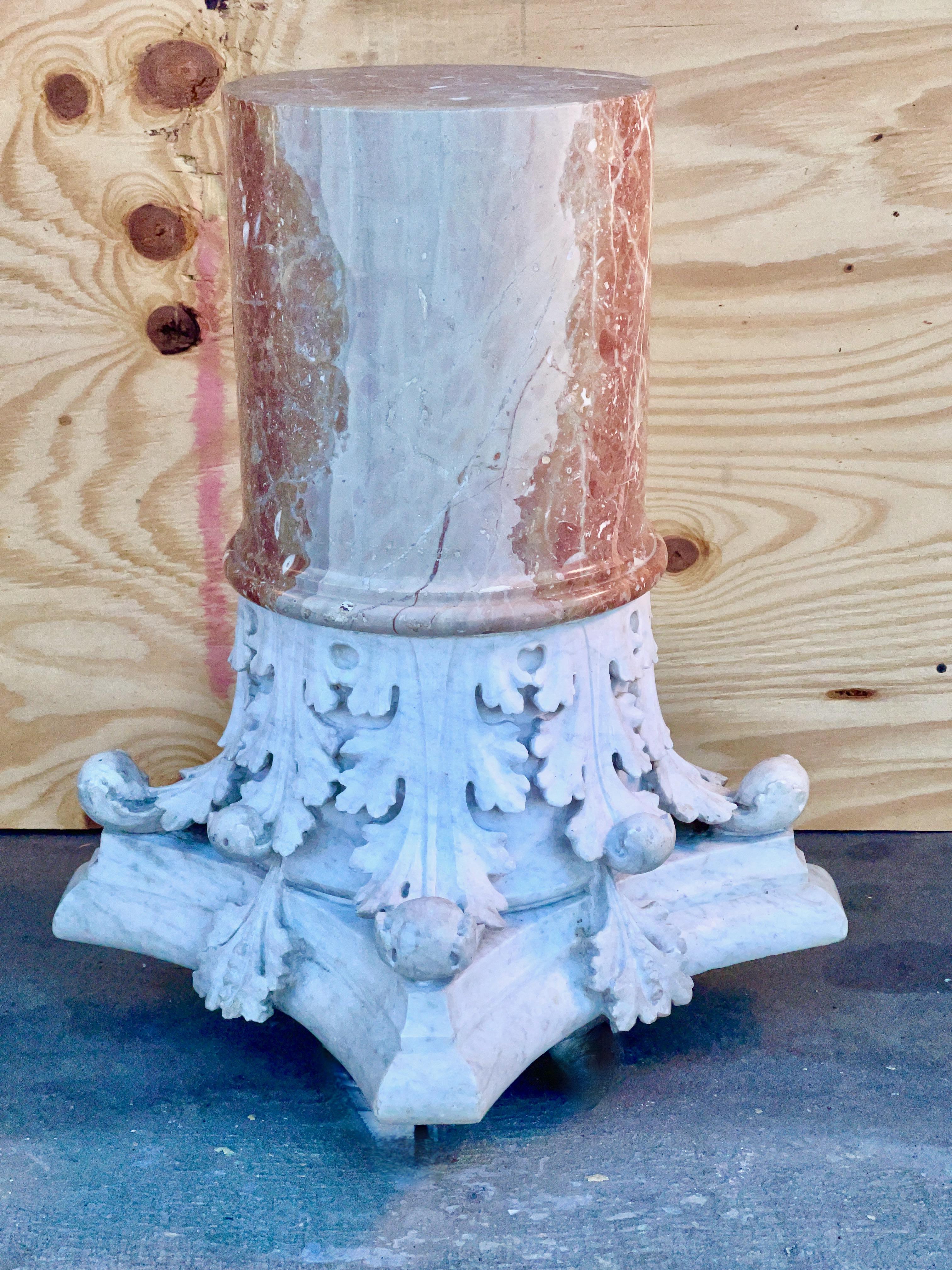 Corinthian Capital Rojo Alicante Marble Pedestal In Good Condition For Sale In Hanover, MA
