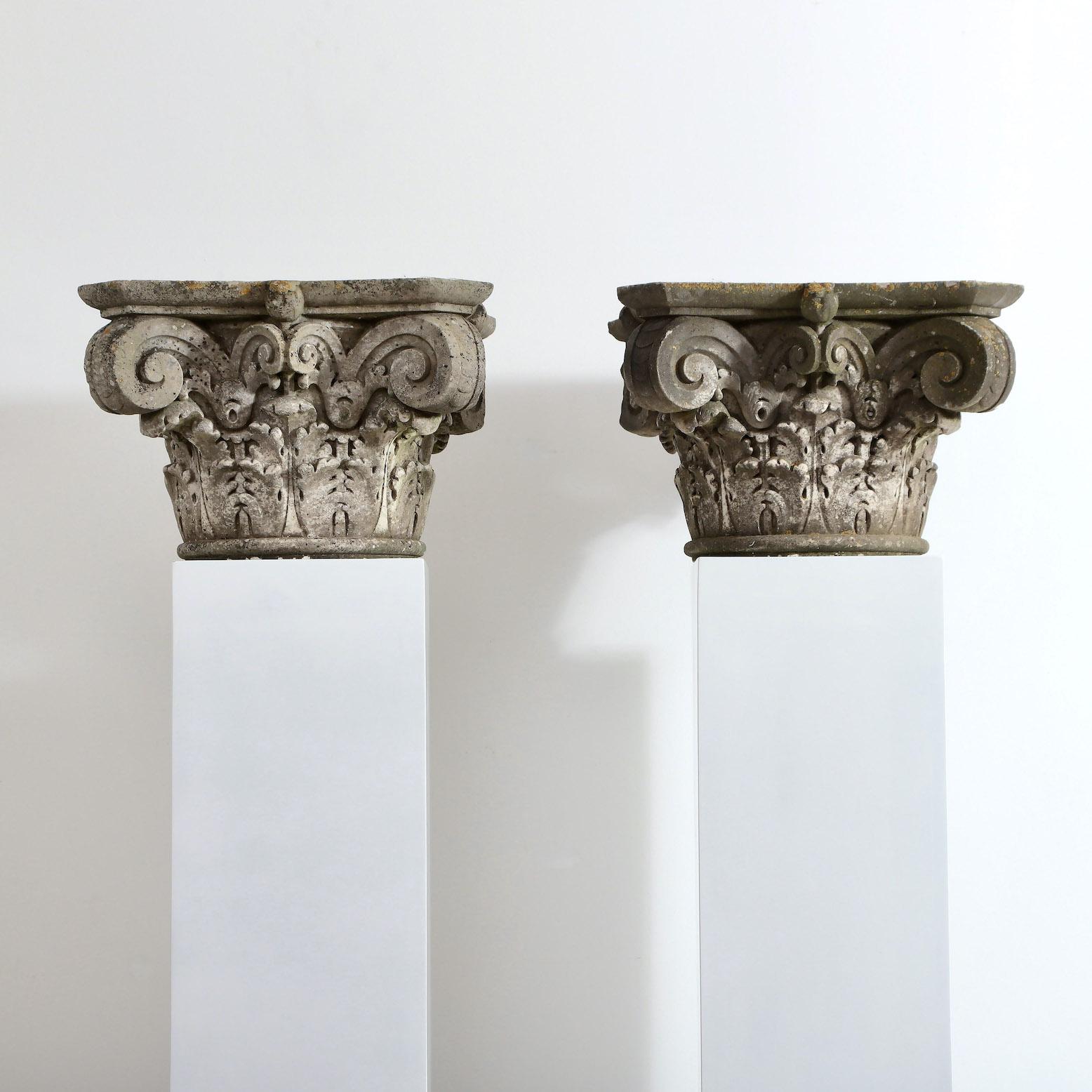 A pair of 19th century carved marble corinthian capitals.

England, circa 1820

” An exceptionally well carved pair of marble corinthian capitals, unusually hollowed out in the middle so ideal for indoor or outdoor floral display, naturally