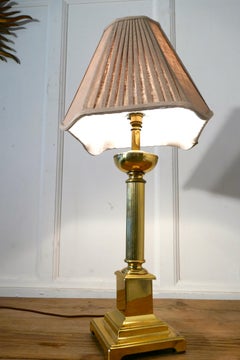 Corinthian Column Brass Table Lamp with Pleated Linen Shade