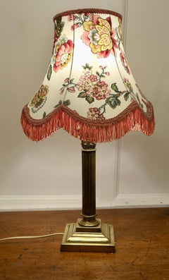 Corinthian Column Brass Table Lamp with Scalloped Linen Shade