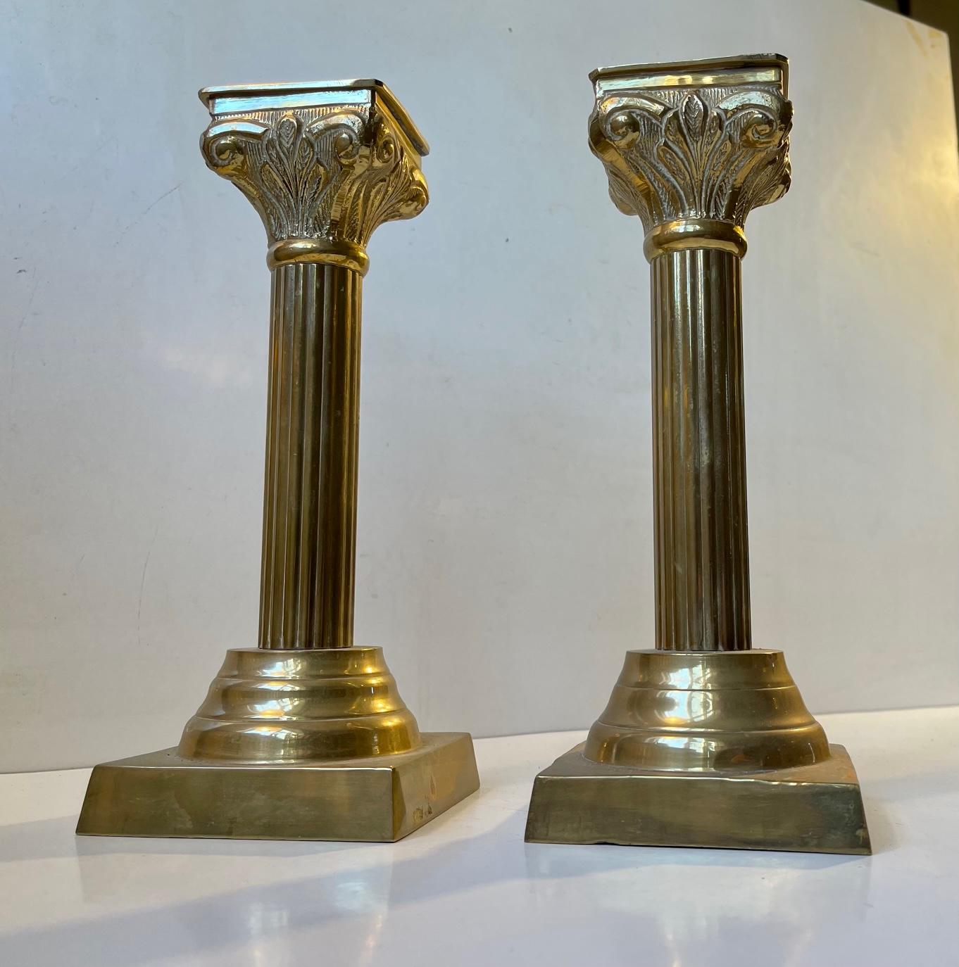 Neoclassical Corinthian Column Candlesticks in Brass For Sale