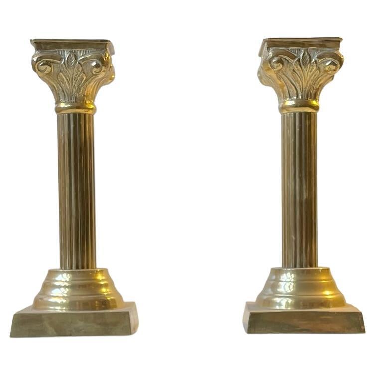 Corinthian Column Candlesticks in Brass For Sale