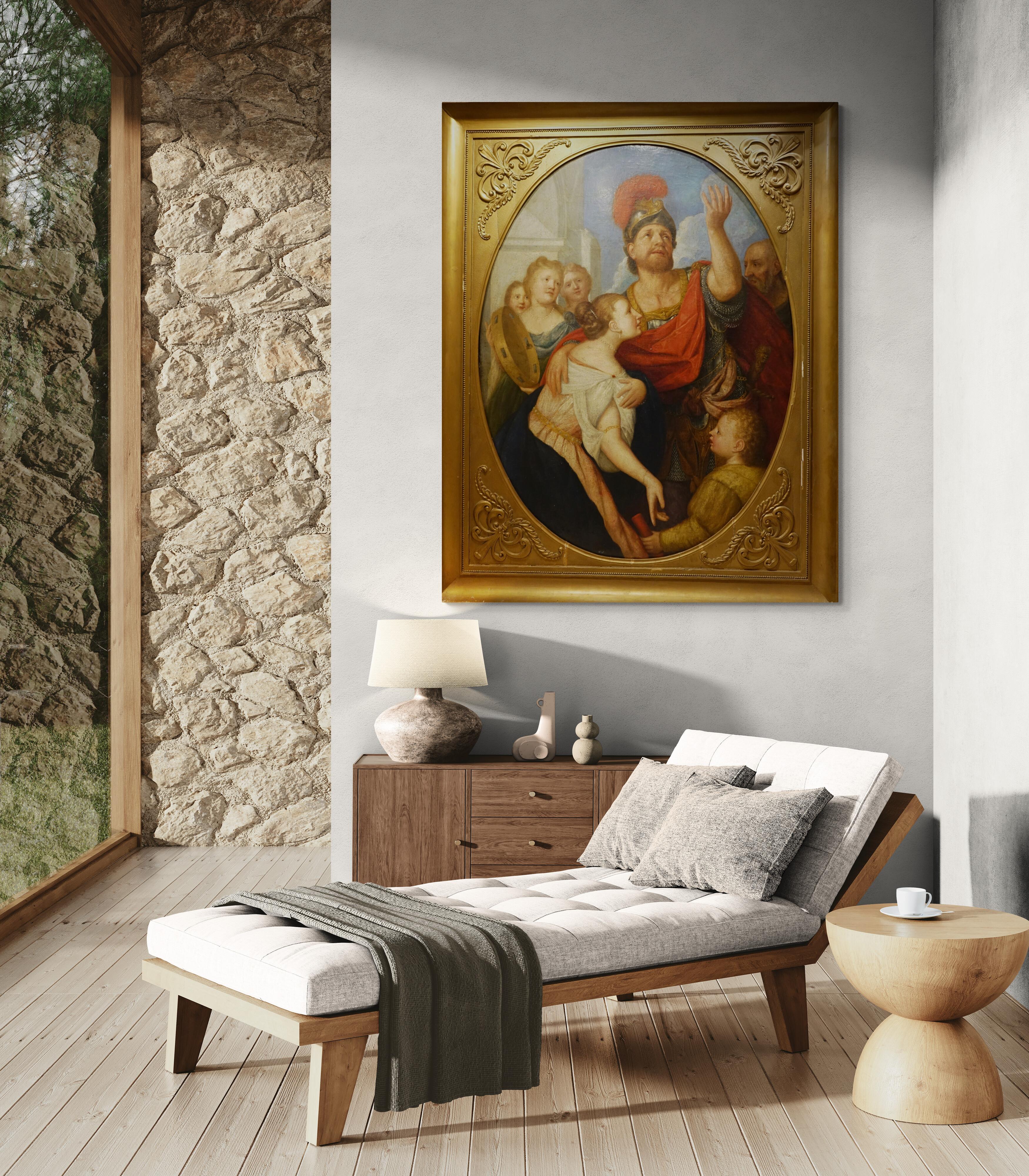 Coriolan's mother and wife beg him to spare Rome , Oil On Canvas .
German School Circa 1750
This  painting  represents  the story of Coriolan, Roman general and leader of the Patricians, fought against the Plebs and their tribunes. They forced him