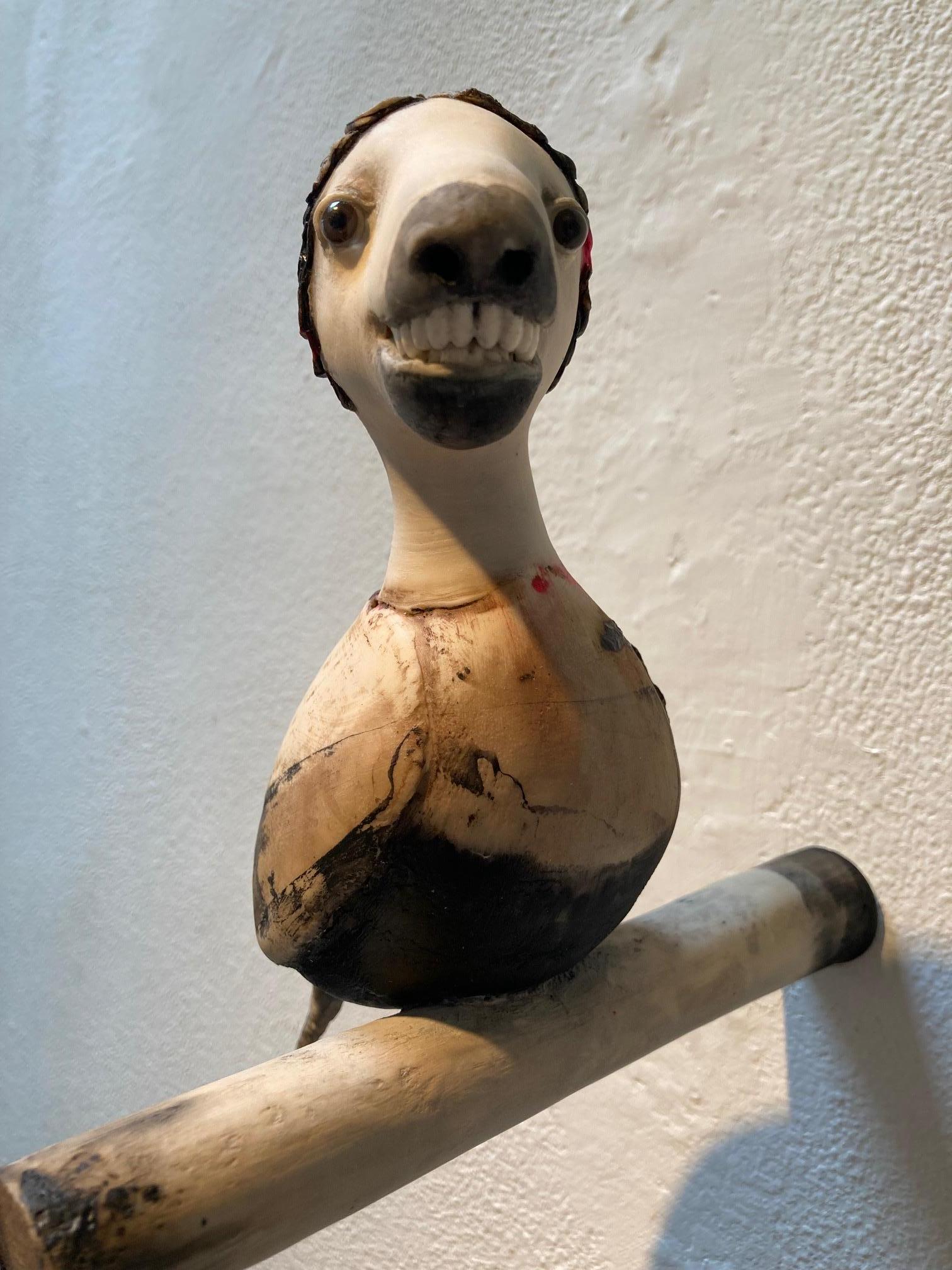Vrijdag Friday Sculpture Mixed Media Contemporary Fantasy Bird In Stock  - Gray Figurative Sculpture by Corjan Nodelijk