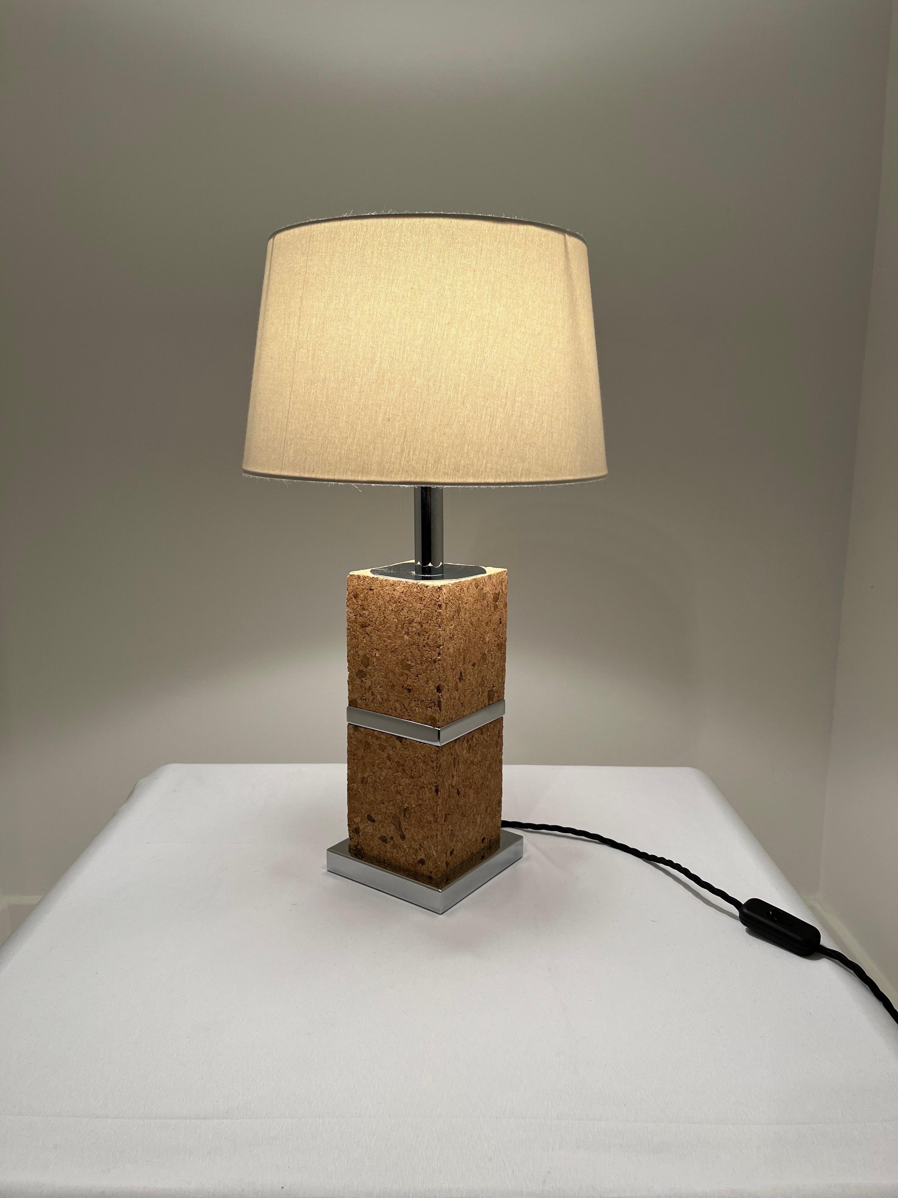 French Cork and Chrome Table Lamp France c1970s 
 For Sale